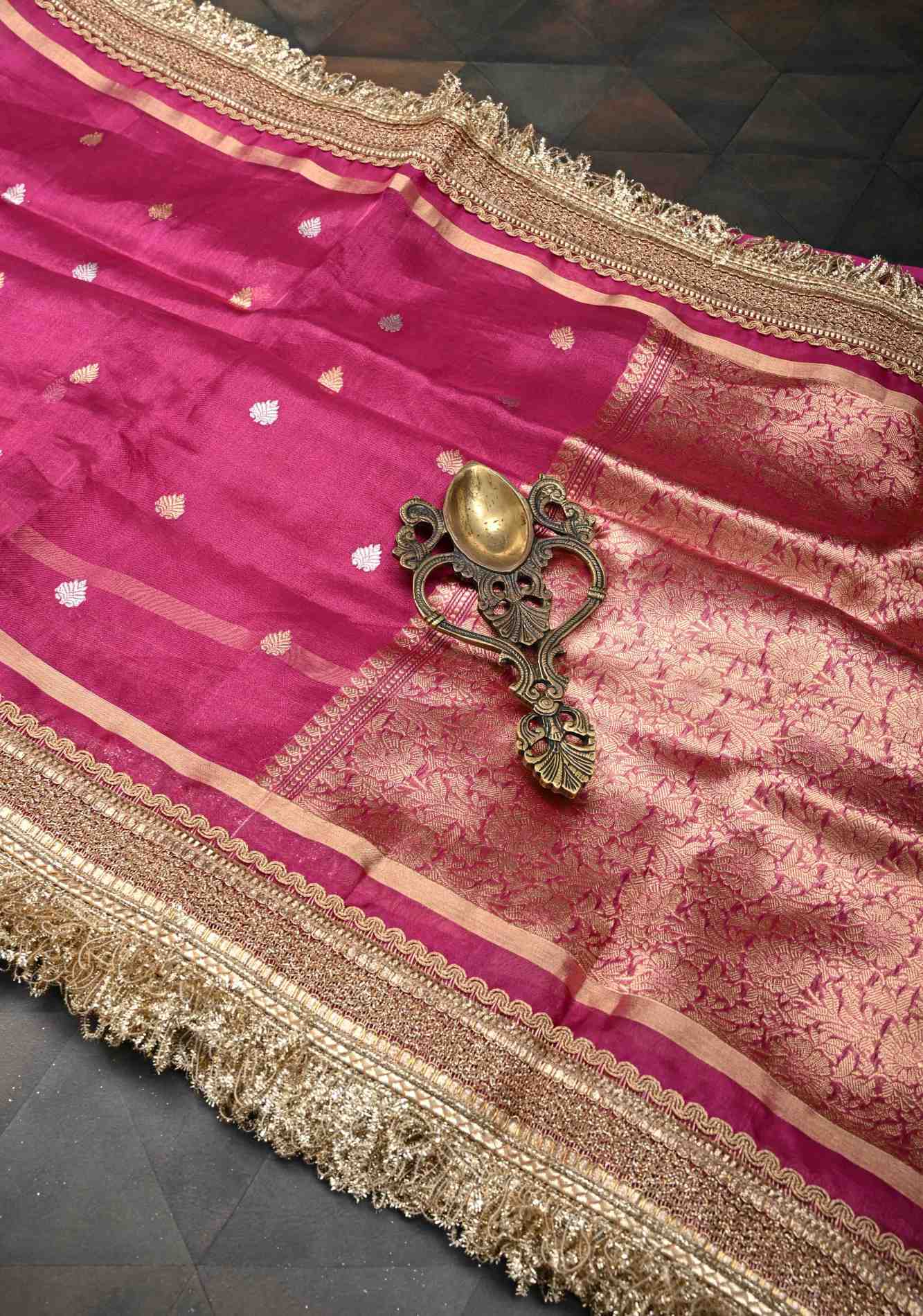Raspberry Pink Organza Silk Saree with Sona Rupa Zari Buttas and Fancy Lace Trim Border | SILK MARK CERTIFIED Ready To Wear Saree