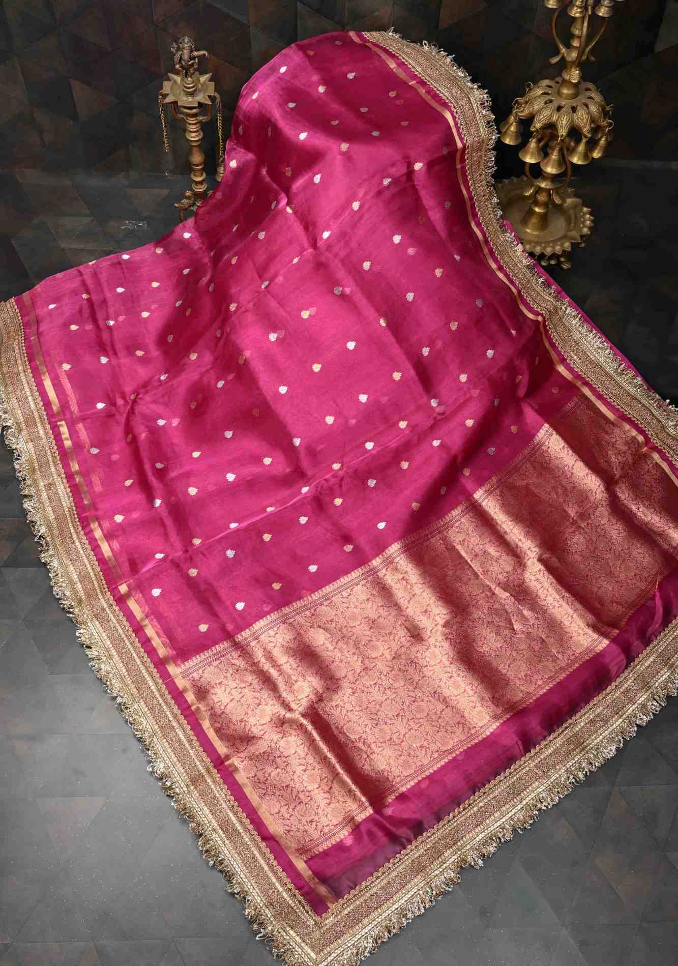 Raspberry Pink Organza Silk Saree with Sona Rupa Zari Buttas and Fancy Lace Trim Border | SILK MARK CERTIFIED Ready To Wear Saree