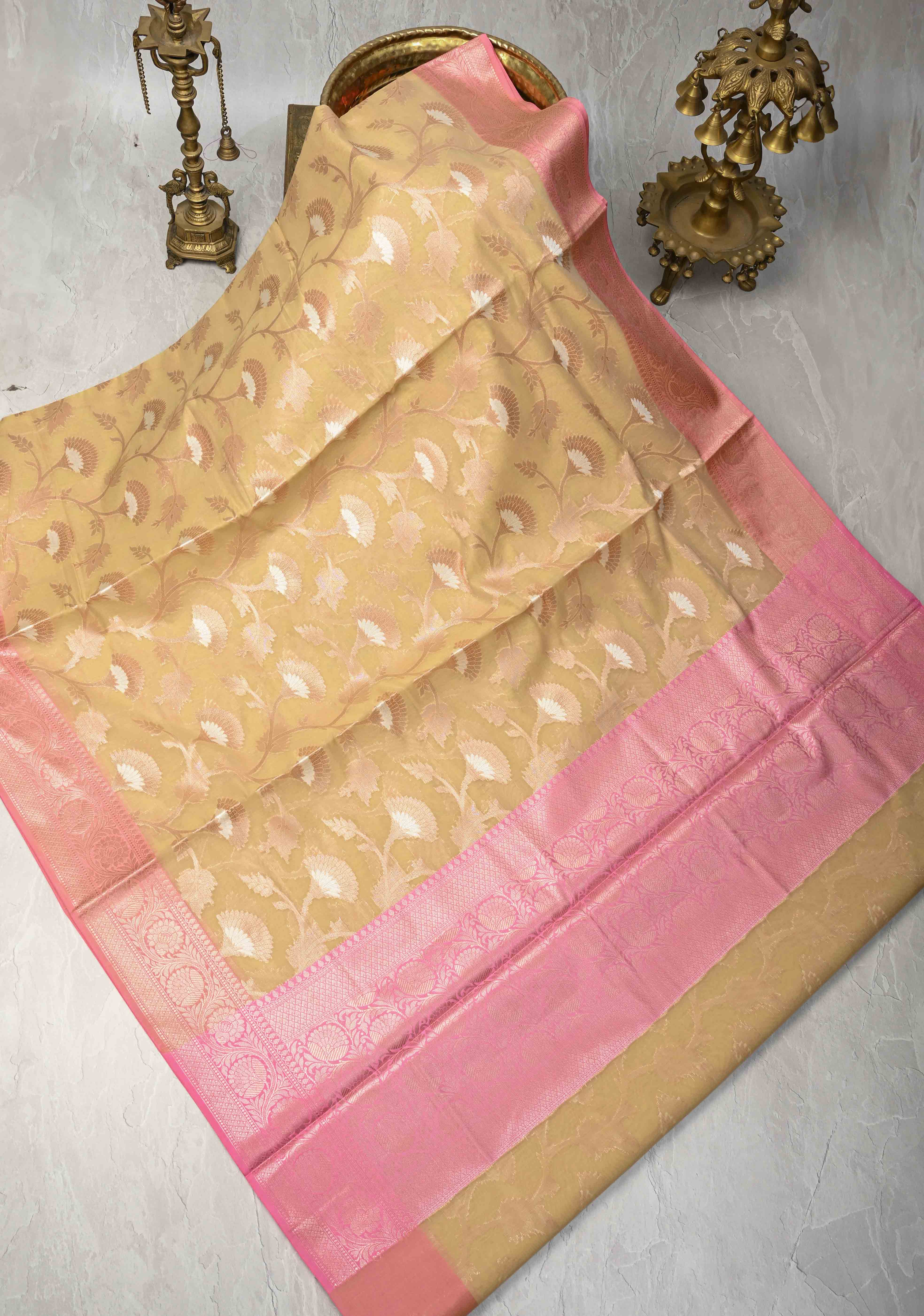 Beige Banarasi Semi Kora Silk Saree with Sona Rupa Jaal and Zari Border | Shobitam