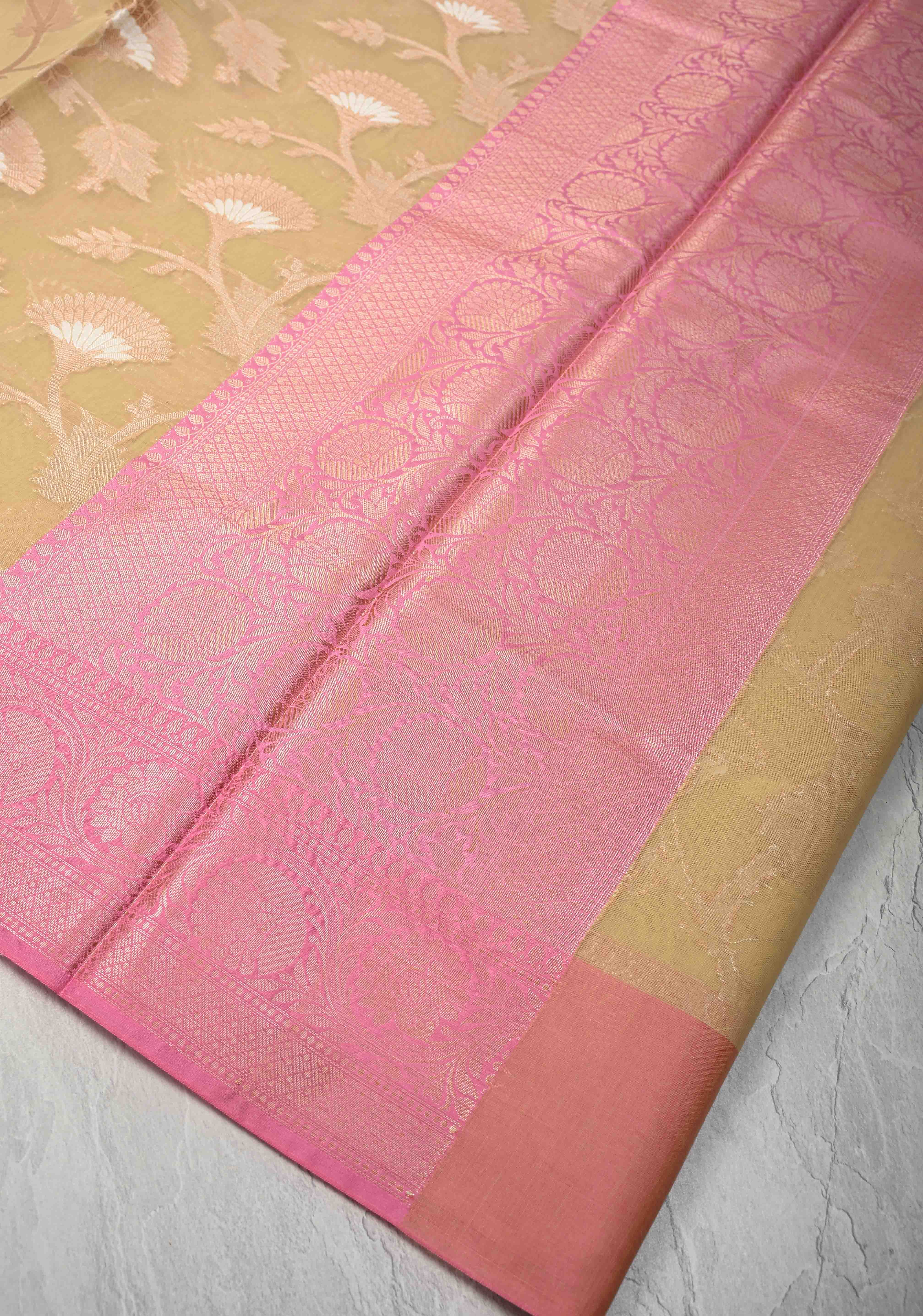 Beige Banarasi Semi Kora Silk Saree with Sona Rupa Jaal and Zari Border | Shobitam