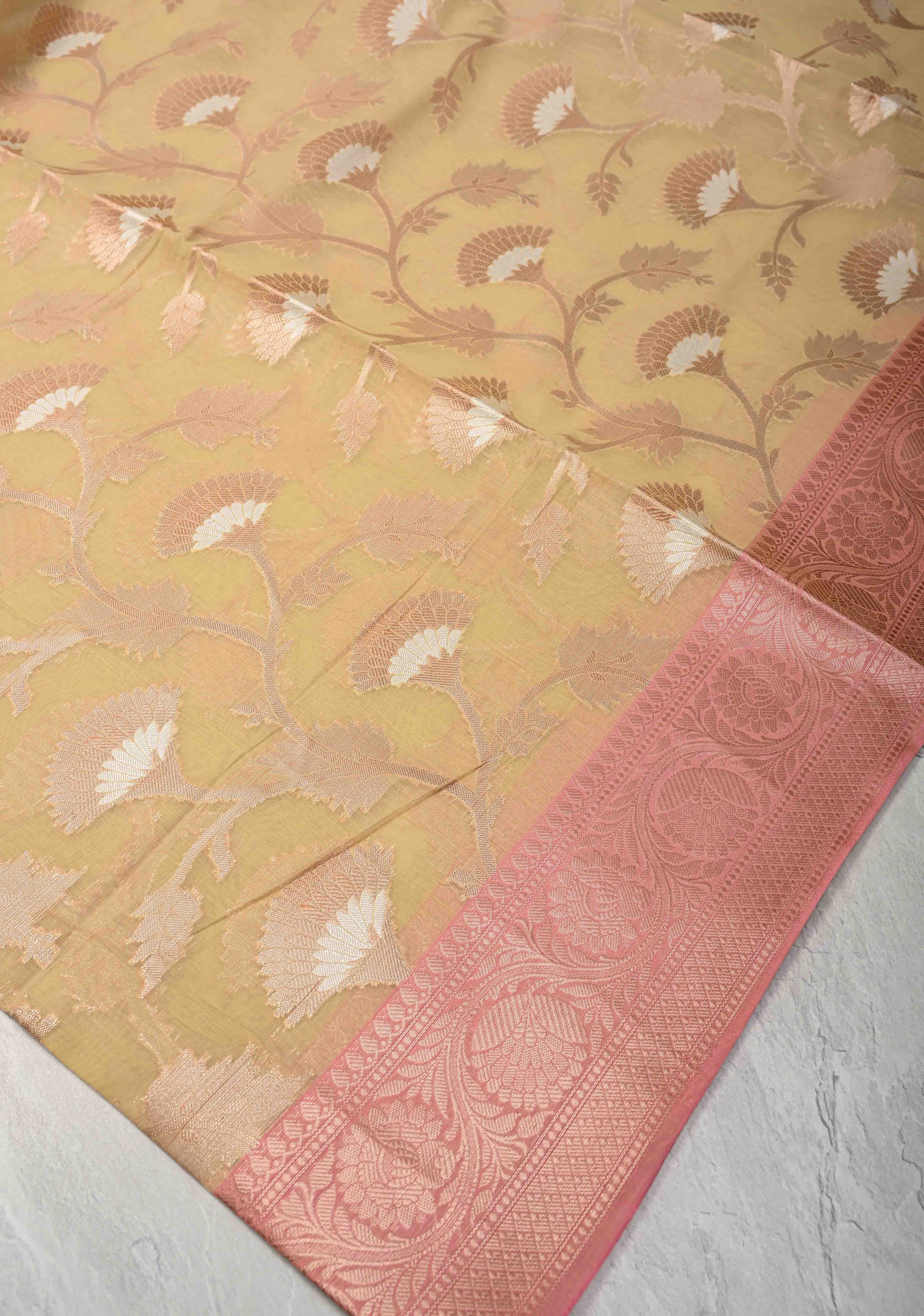 Beige Banarasi Semi Kora Silk Saree with Sona Rupa Jaal and Zari Border | Shobitam