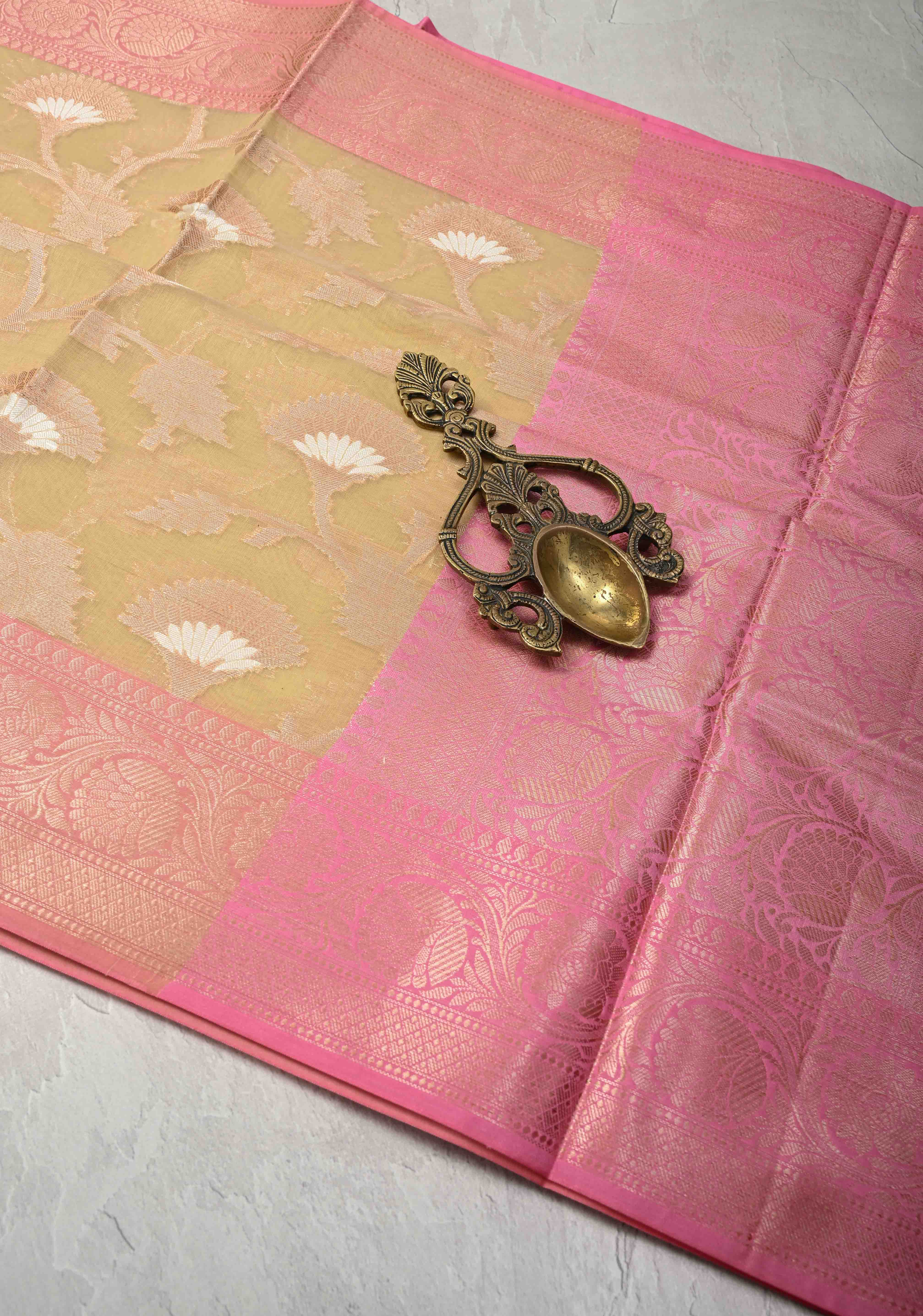 Beige Banarasi Semi Kora Silk Saree with Sona Rupa Jaal and Zari Border | Shobitam