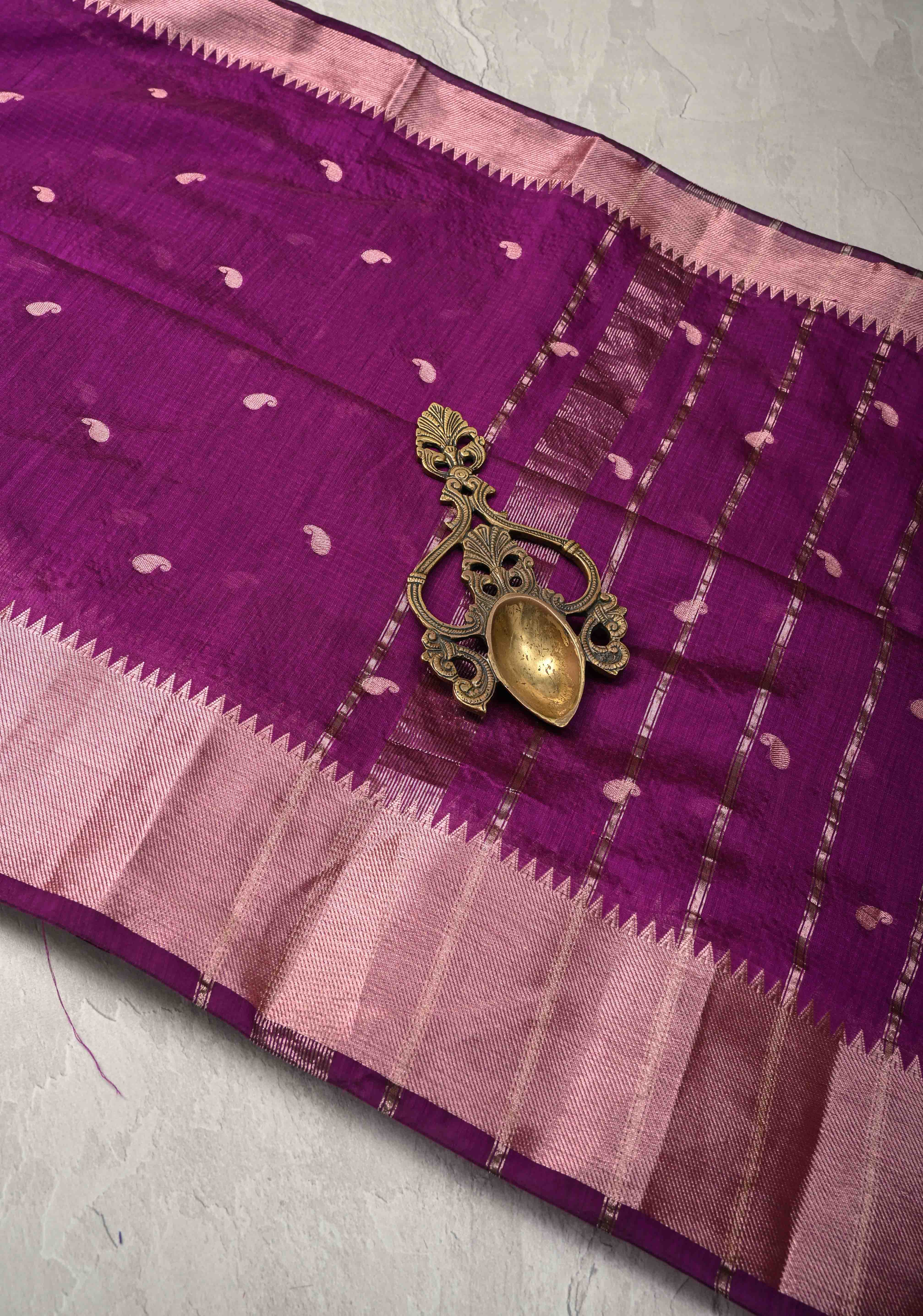 Purple Semi Silk saree with Zari Paisley Buttis and Zari Border | Shobitam