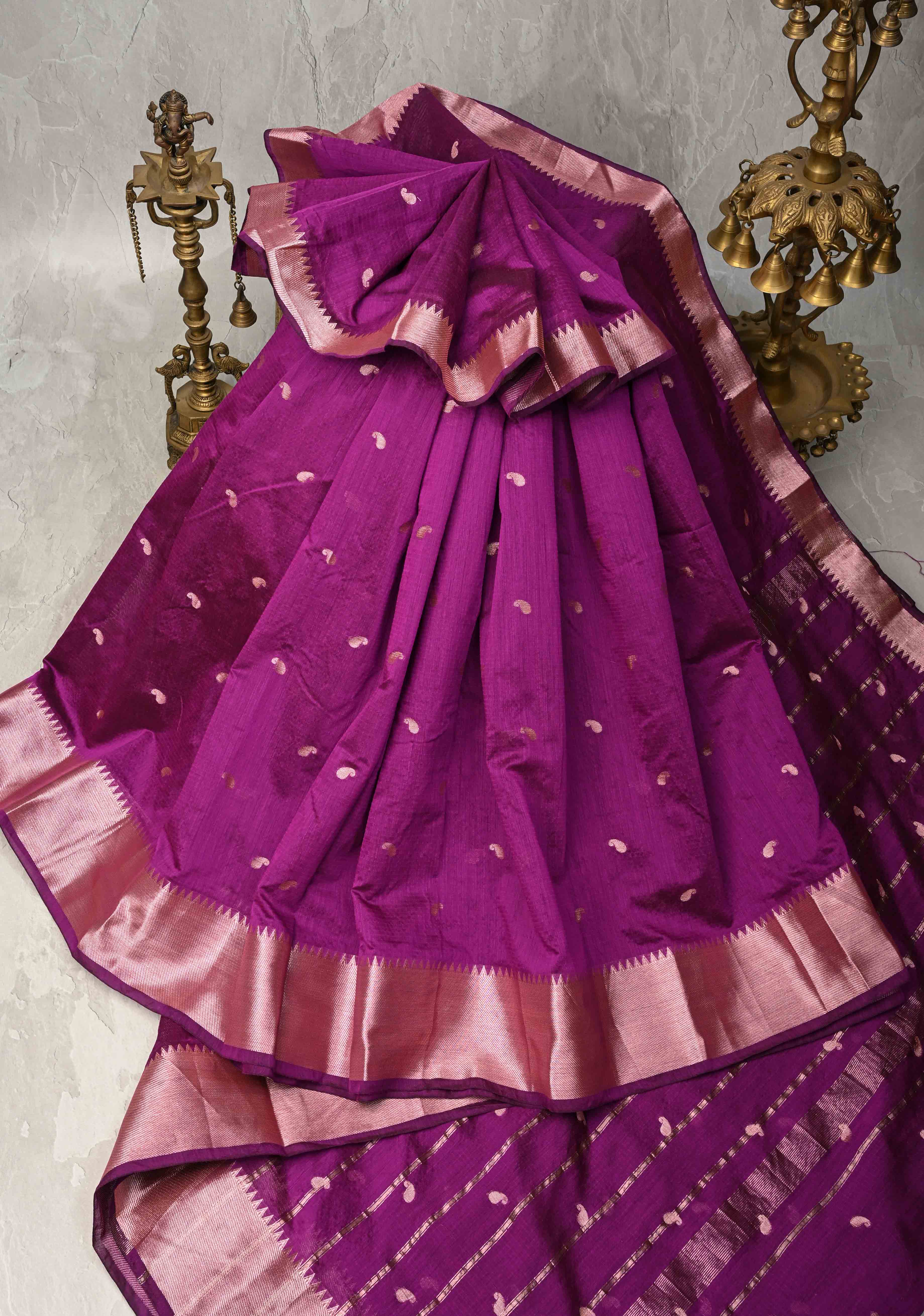 Purple Semi Silk saree with Zari Paisley Buttis and Zari Border | Shobitam