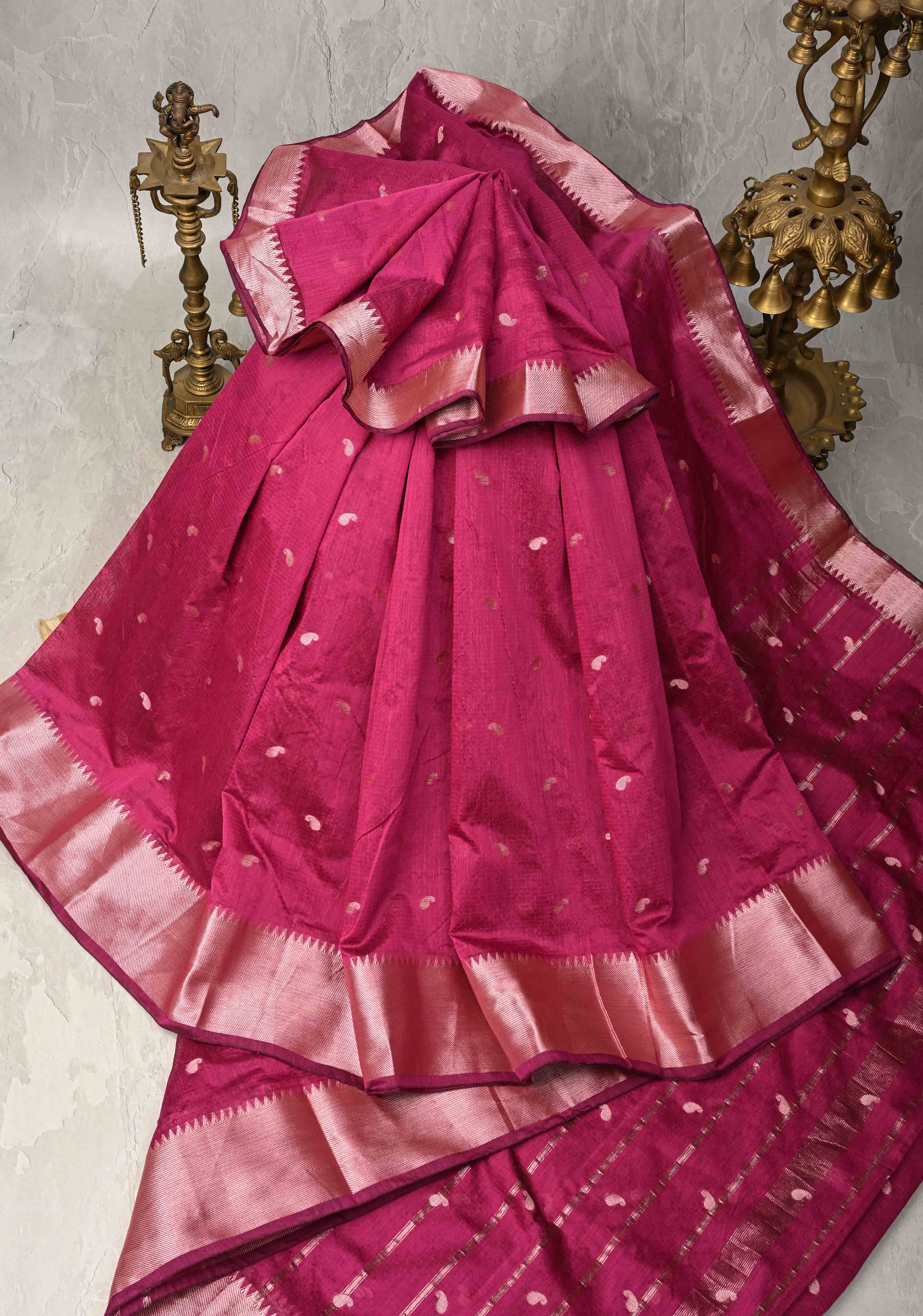 Magenta Semi Silk saree with Zari Paisley Buttis and Zari Border | Shobitam