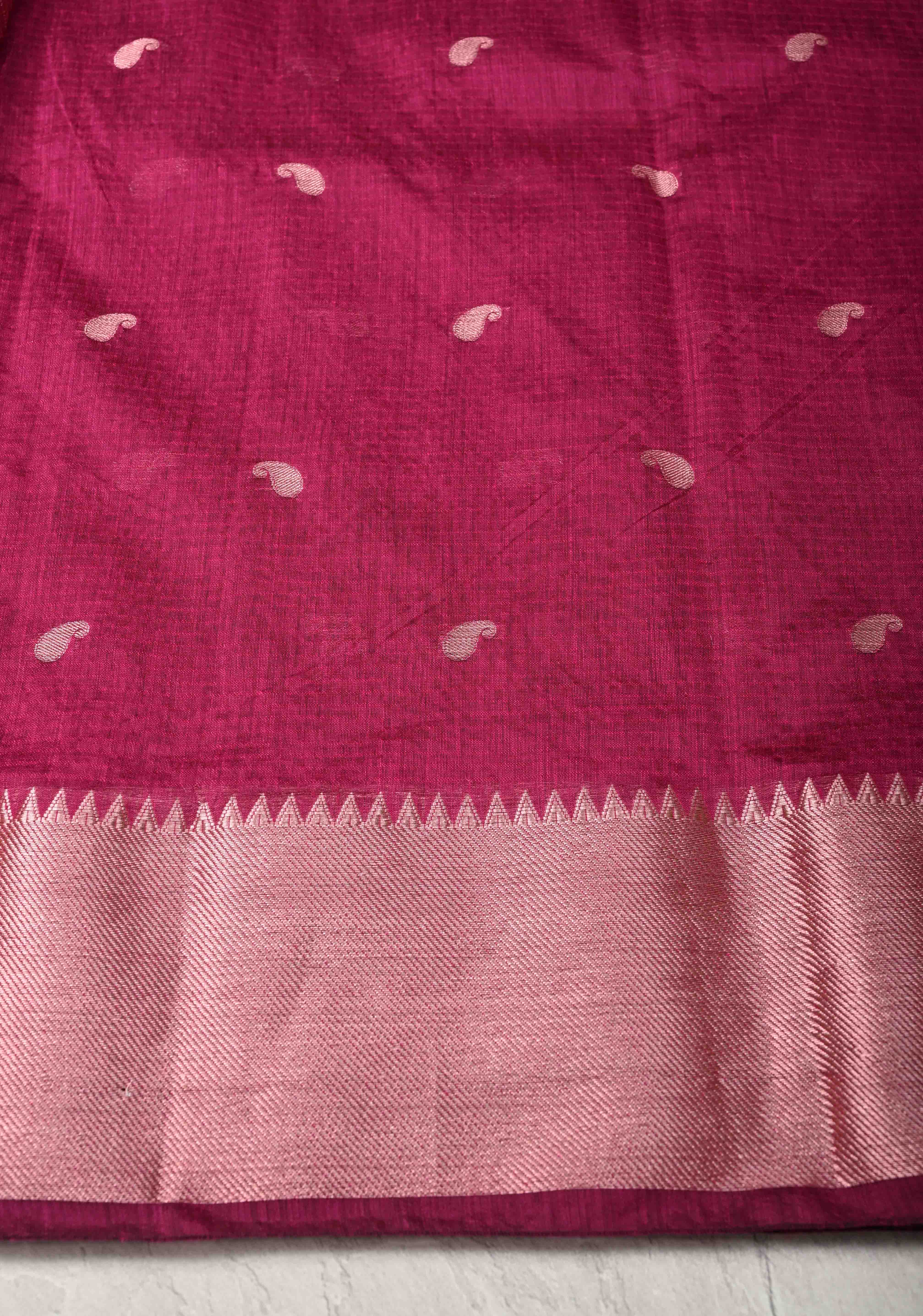 Magenta Semi Silk saree with Zari Paisley Buttis and Zari Border | Shobitam