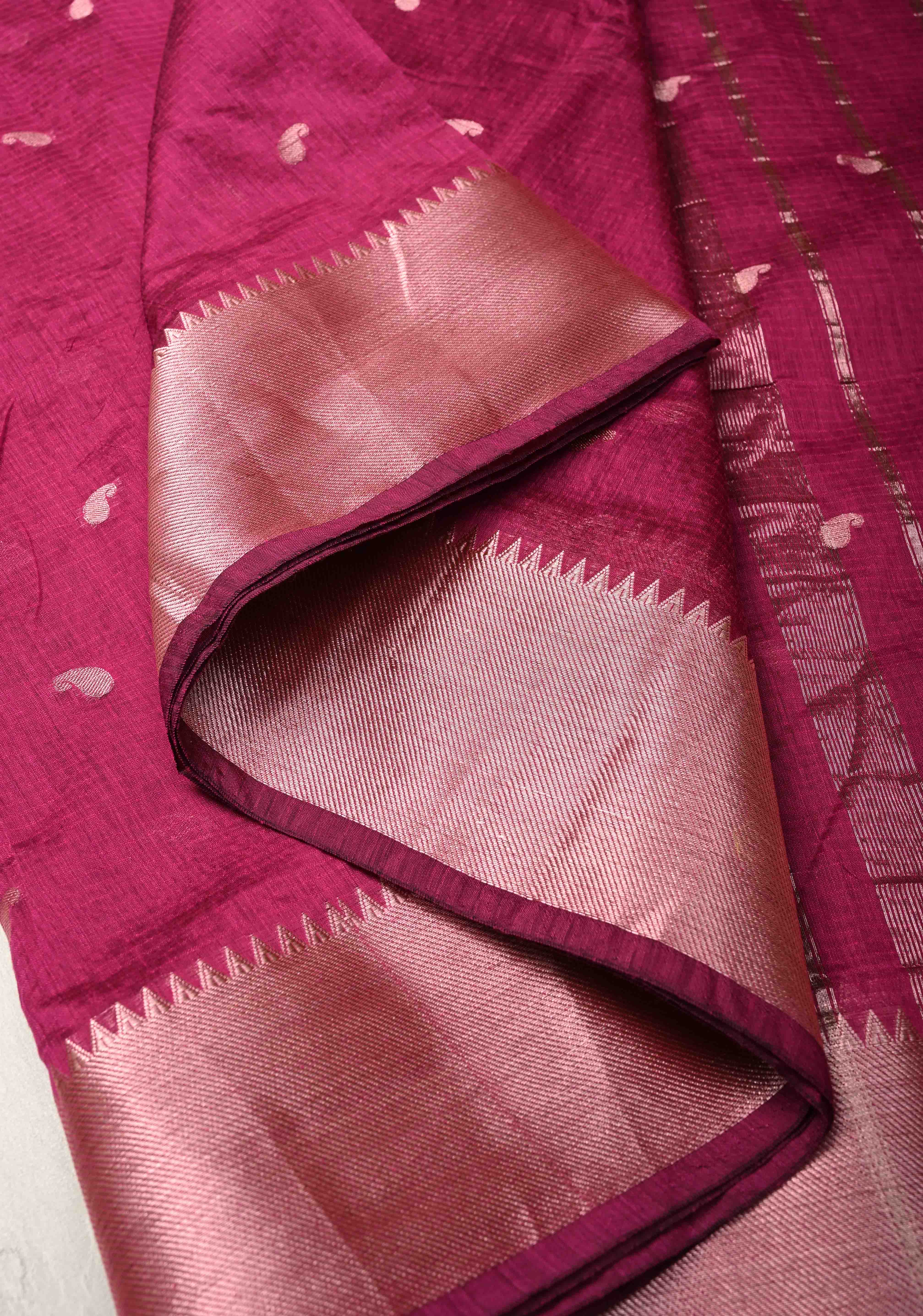 Magenta Semi Silk saree with Zari Paisley Buttis and Zari Border | Shobitam