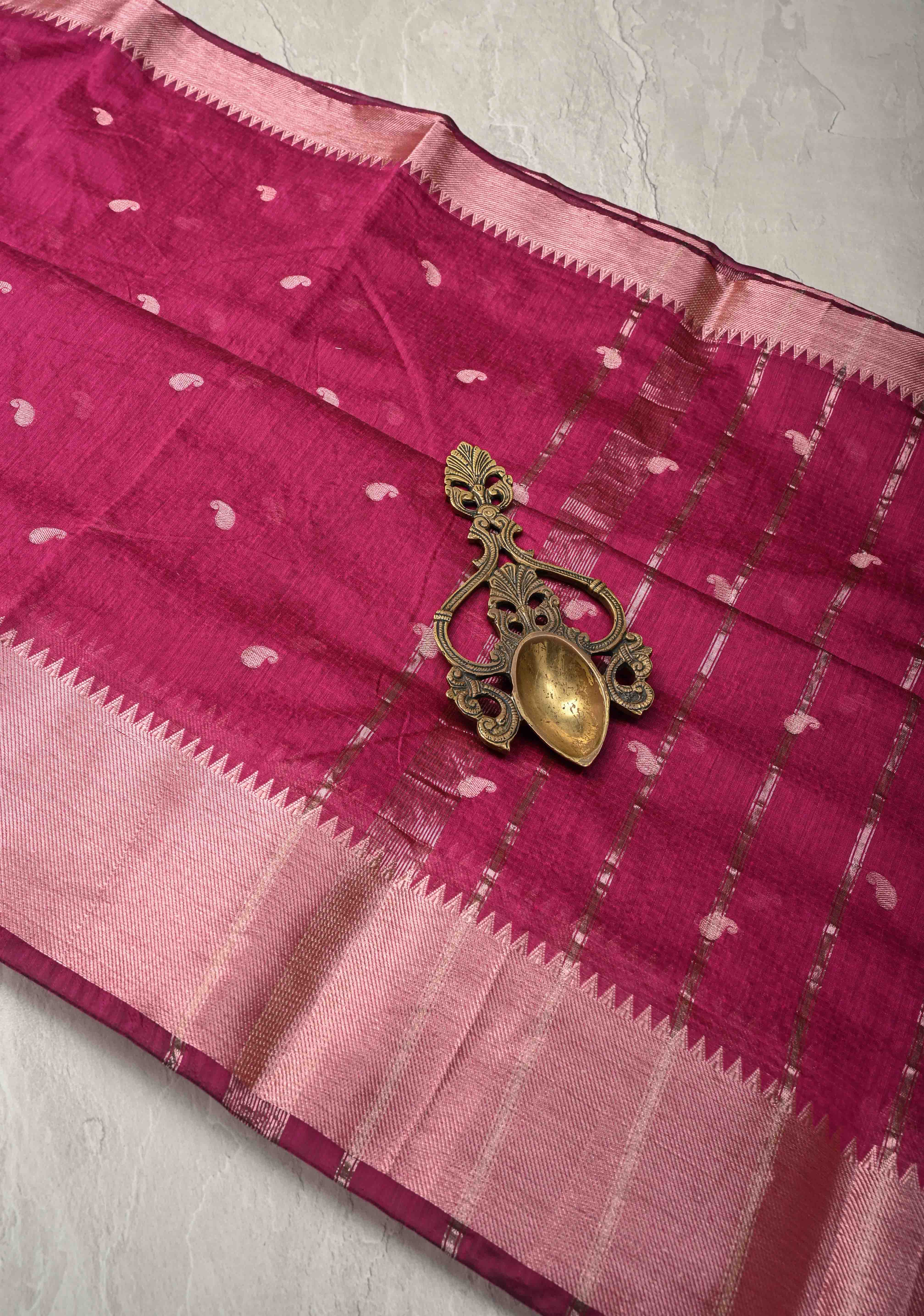 Magenta Semi Silk saree with Zari Paisley Buttis and Zari Border | Shobitam