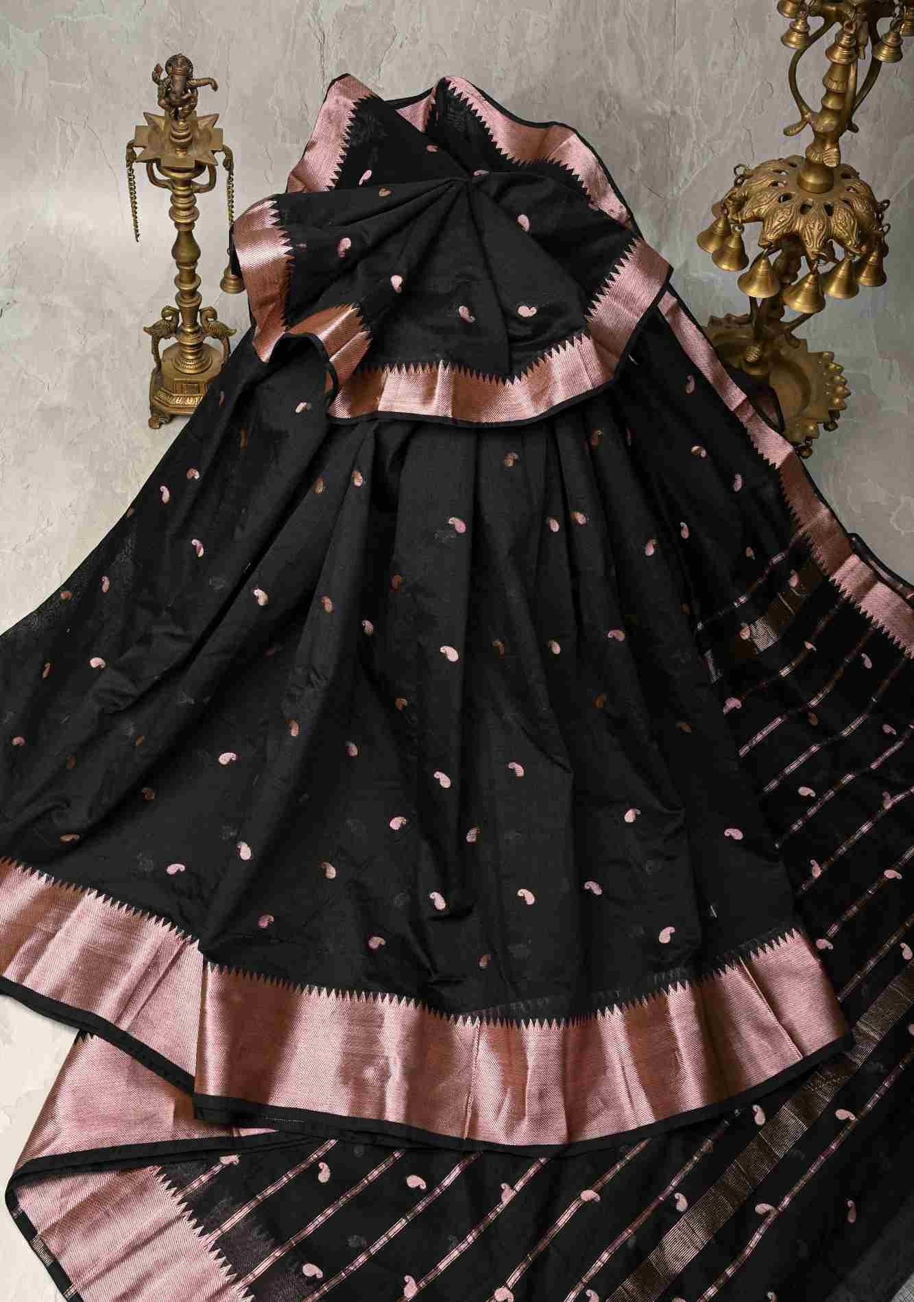 Black Semi Silk saree with Zari Paisley Buttis and Zari Border Ready To Wear Saree