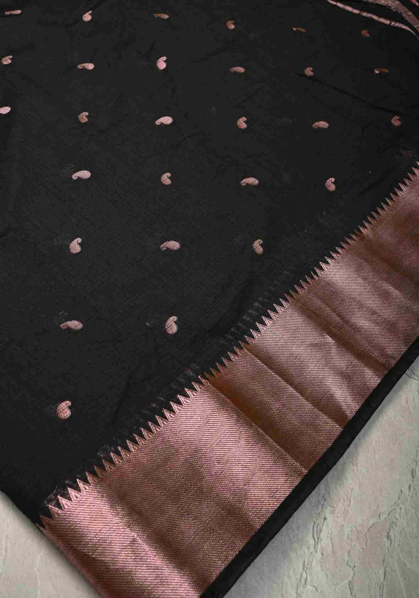 Black Semi Silk saree with Zari Paisley Buttis and Zari Border Ready To Wear Saree