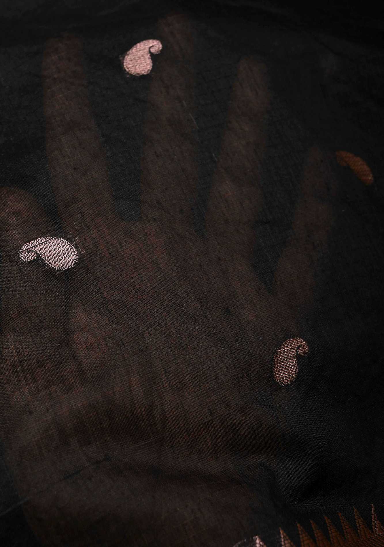 Black Semi Silk saree with Zari Paisley Buttis and Zari Border Ready To Wear Saree