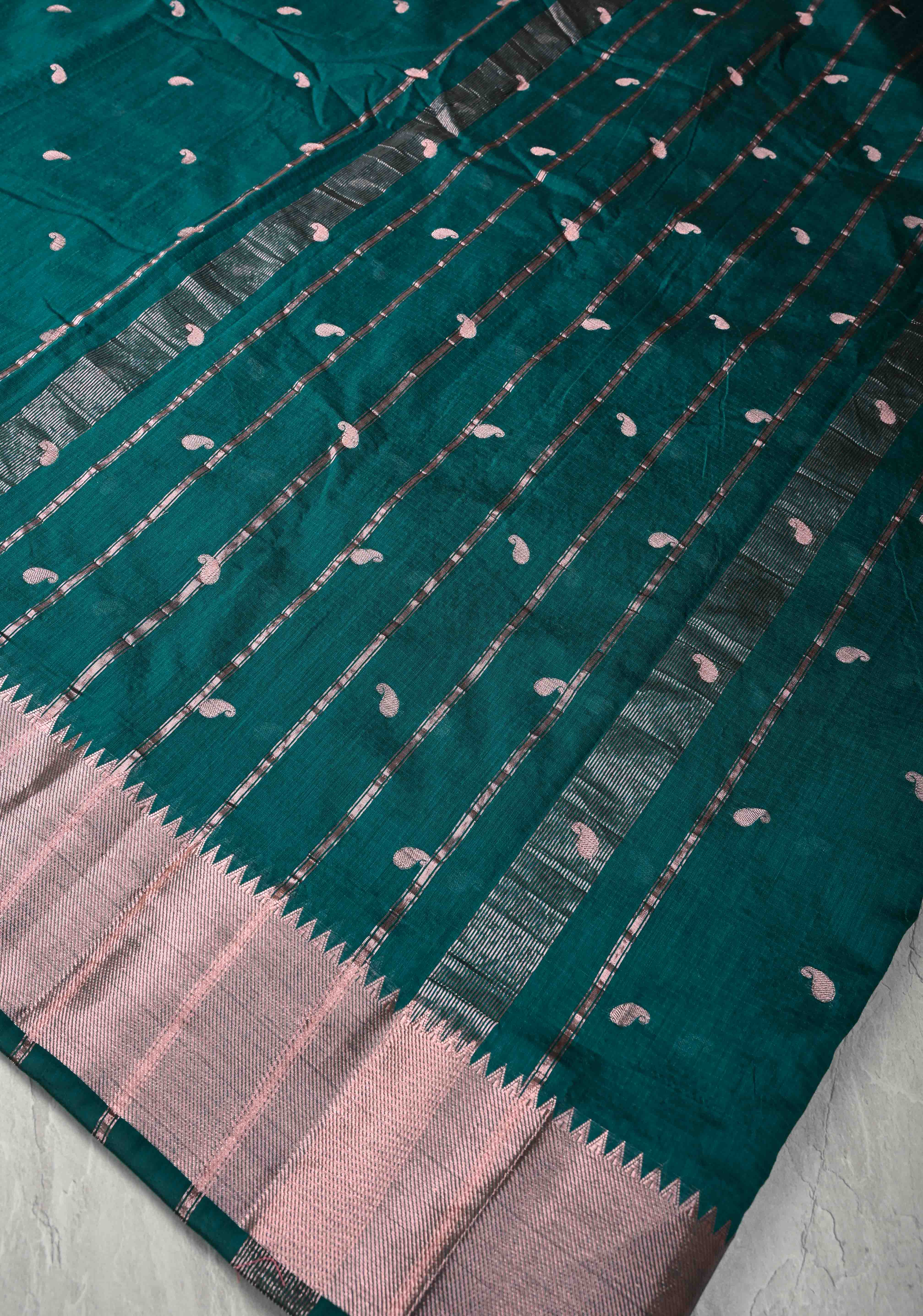 Dark Teal Semi Silk Saree with Zari Paisley Buttis and Zari Border | Shobitam