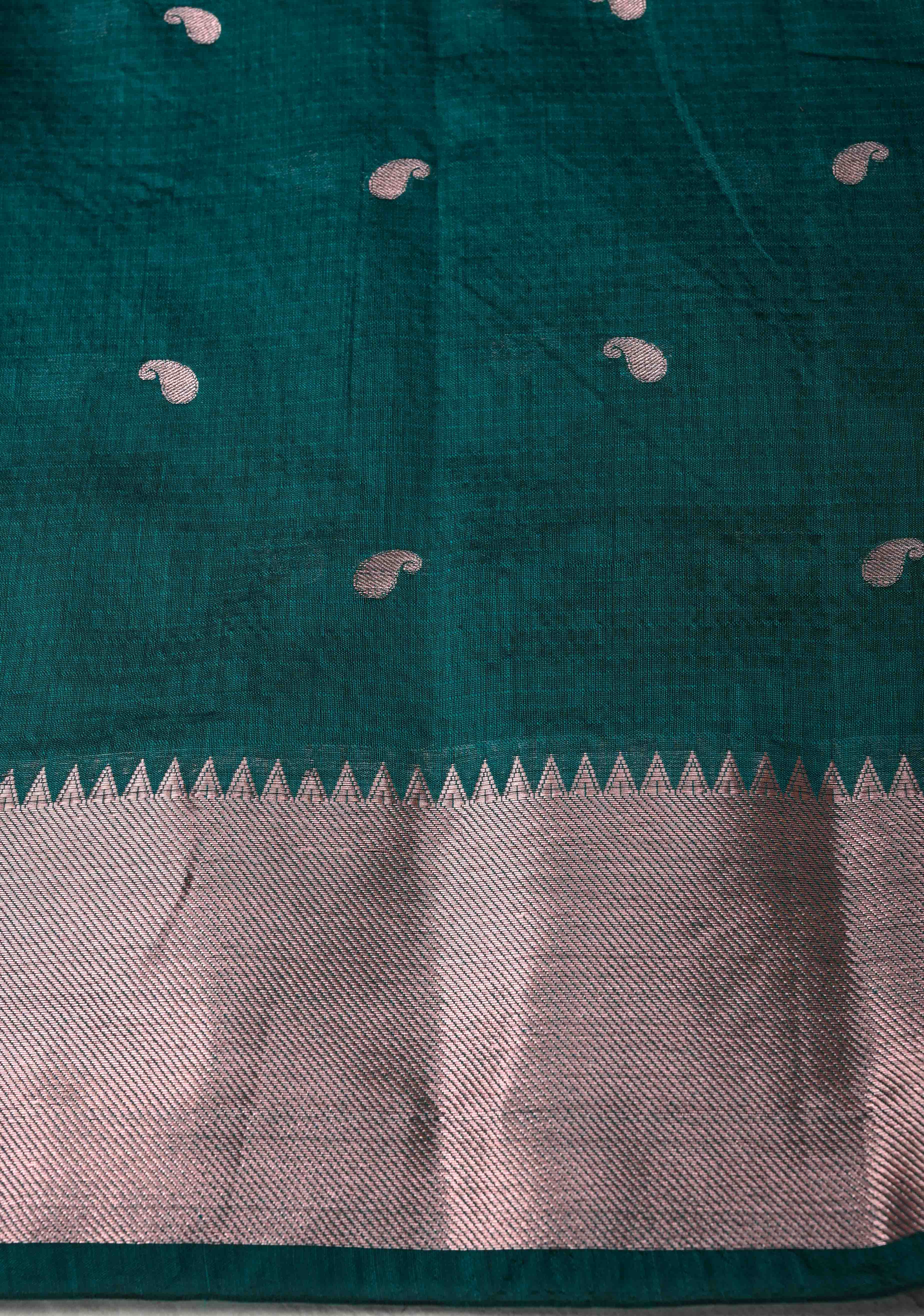Dark Teal Semi Silk Saree with Zari Paisley Buttis and Zari Border | Shobitam