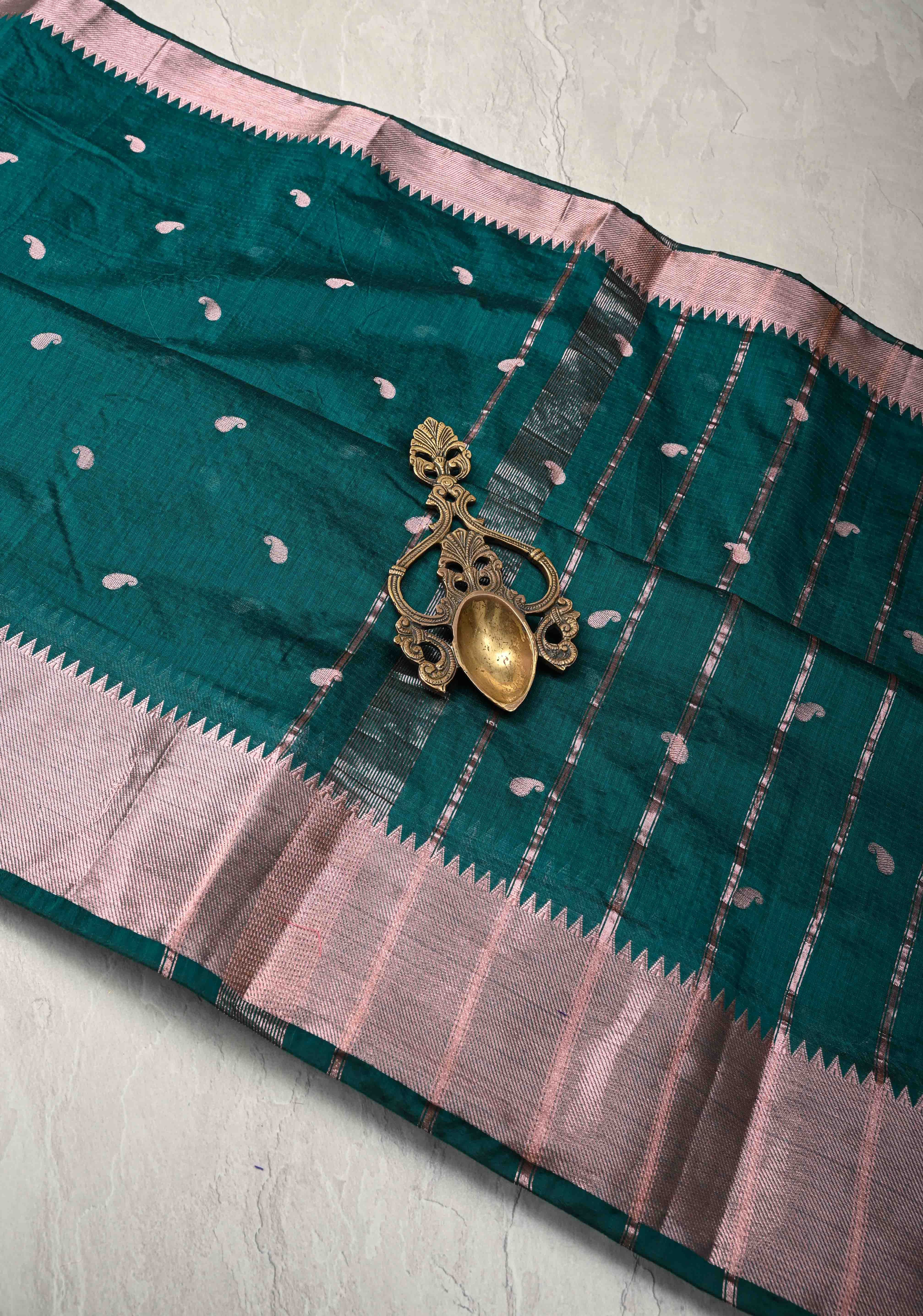 Dark Teal Semi Silk Saree with Zari Paisley Buttis and Zari Border | Shobitam