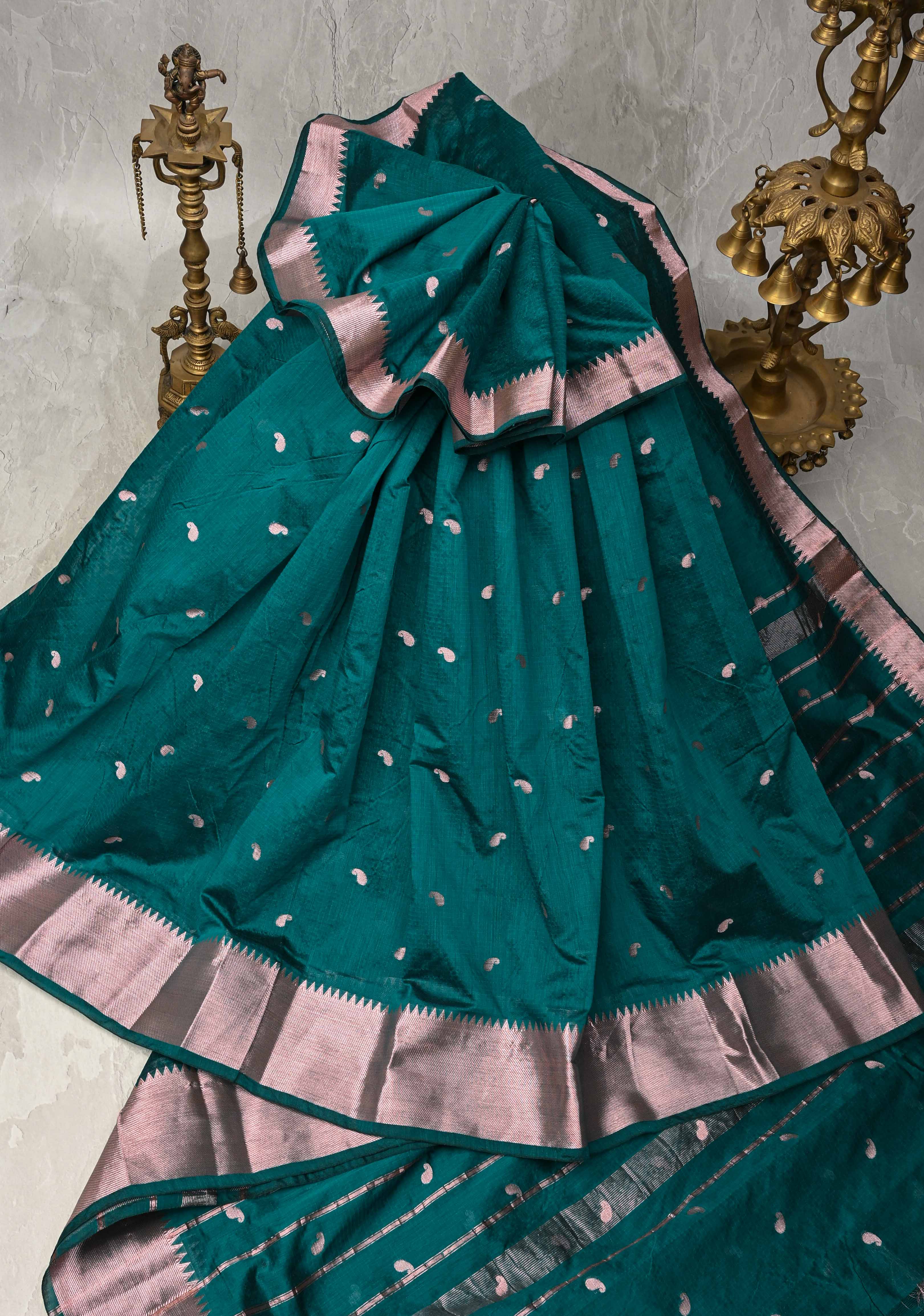 Dark Teal Semi Silk Saree with Zari Paisley Buttis and Zari Border | Shobitam