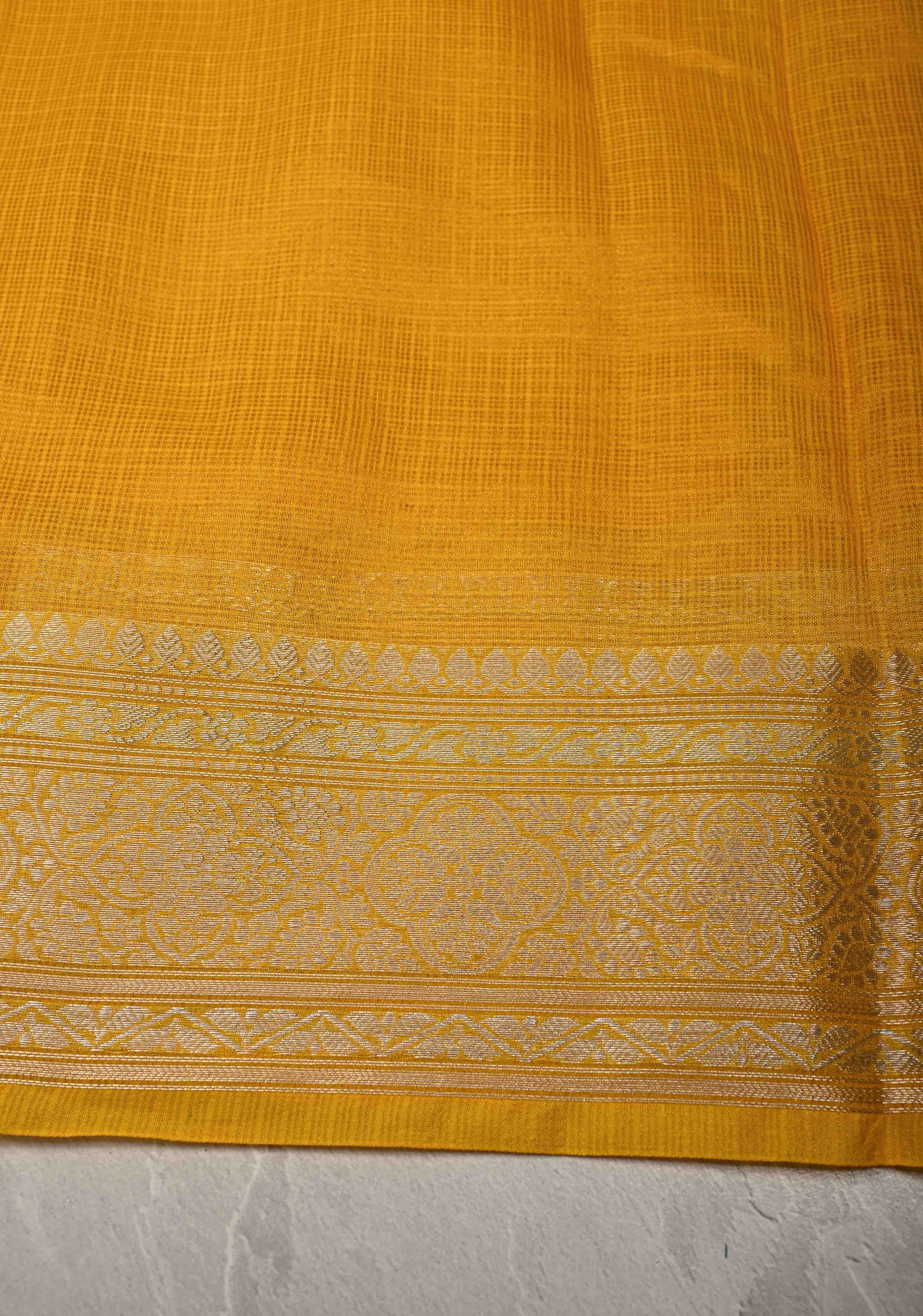Yellow Kota Doria Tissue Cotton Saree with Sona Rupa Zari Border | Shobitam
