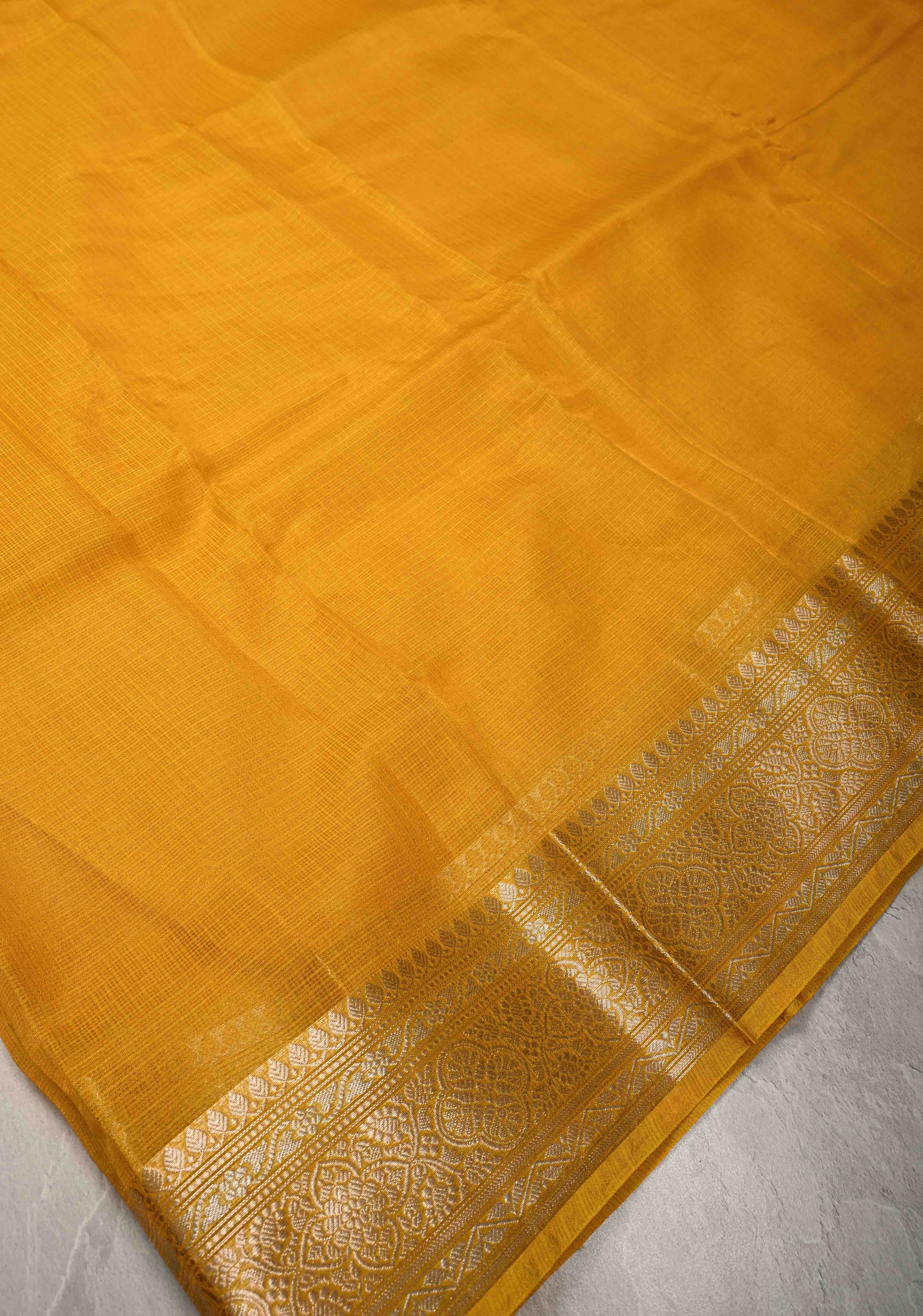 Yellow Kota Doria Tissue Cotton Saree with Sona Rupa Zari Border | Shobitam