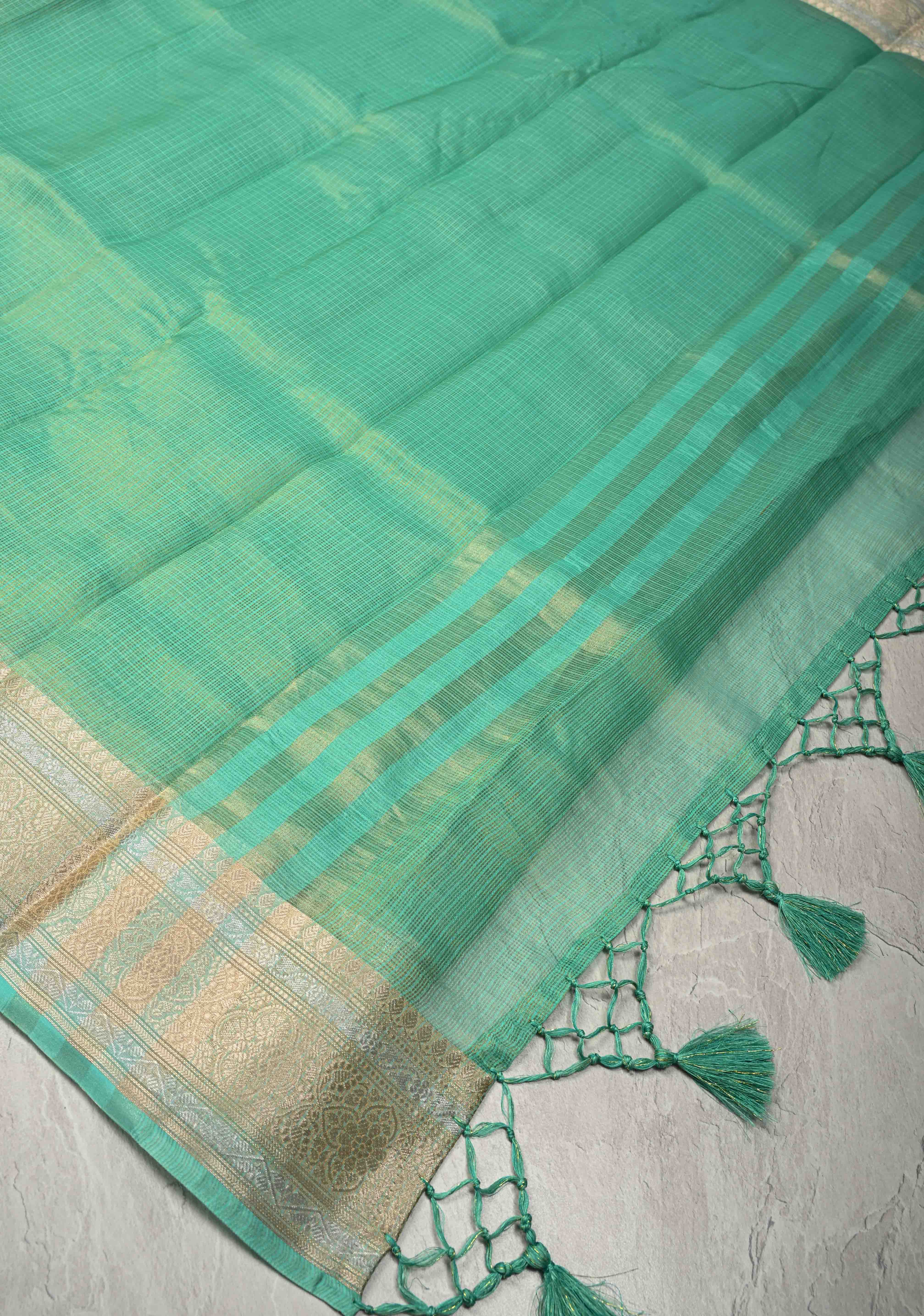 Sea Green Kota Doria Tissue Cotton Saree with Sona Rupa Zari Border | Shobitam