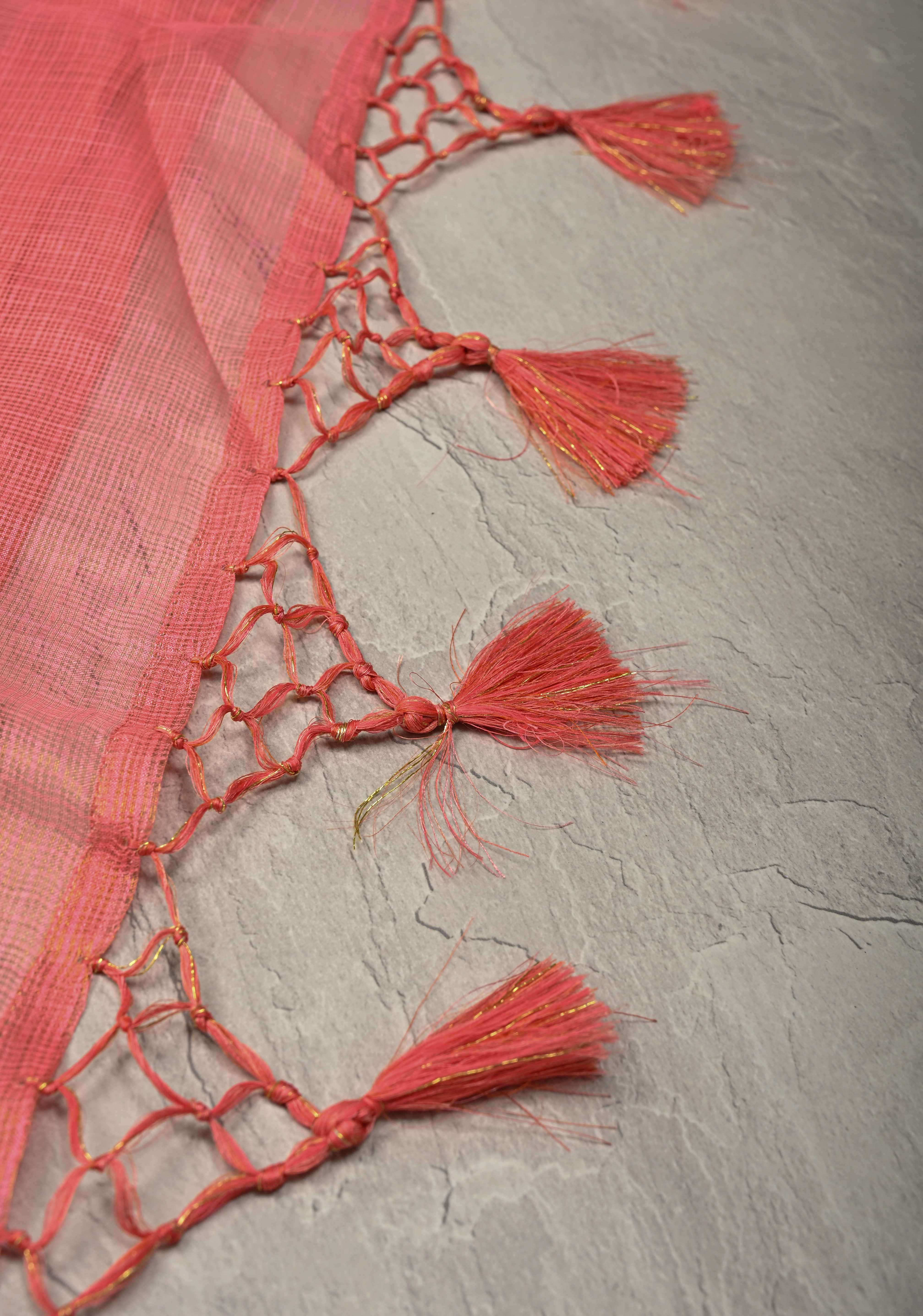 Salmon Pink Kota Doria Tissue Cotton Saree with Sona Rupa Zari Border | Shobitam