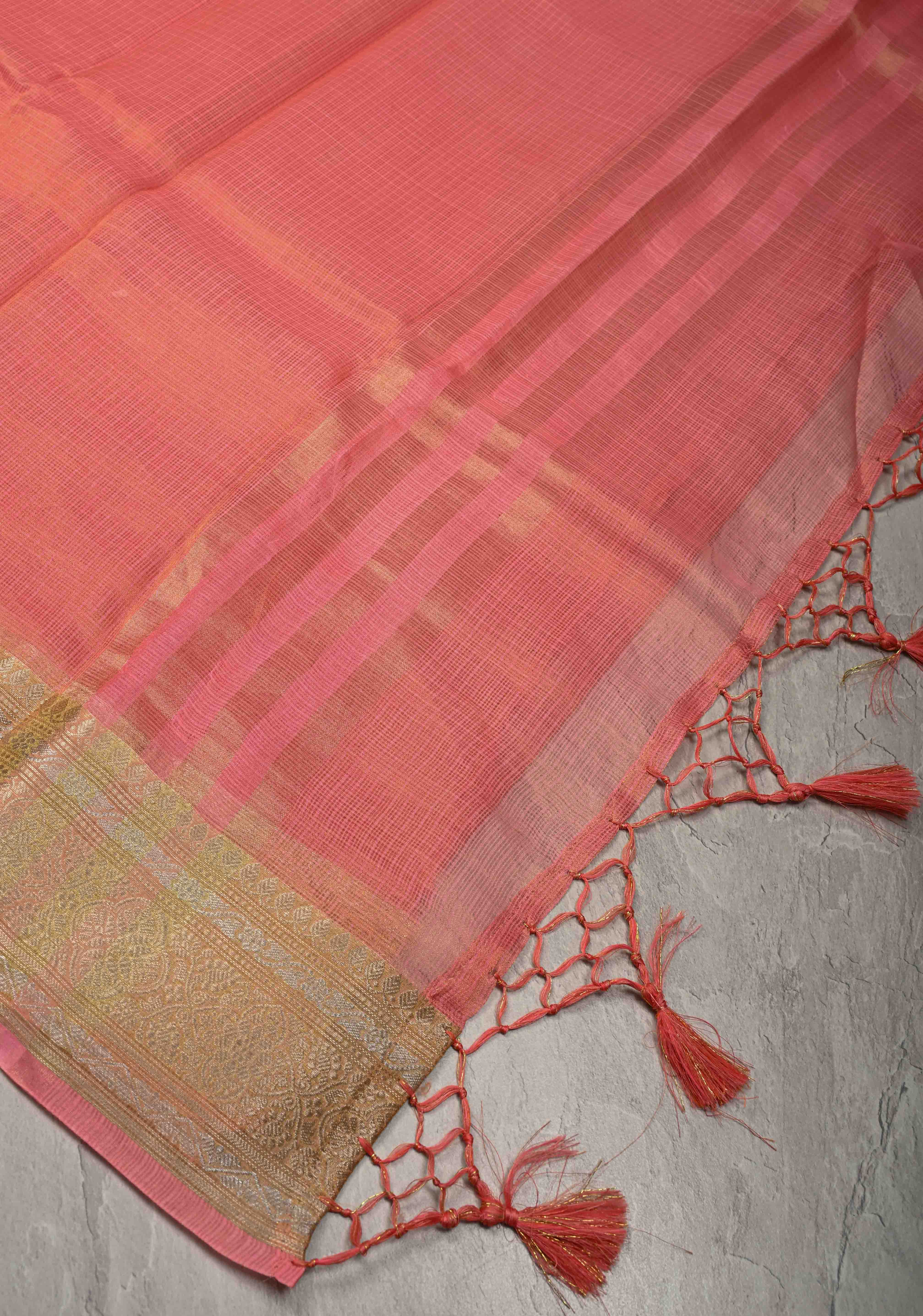 Salmon Pink Kota Doria Tissue Cotton Saree with Sona Rupa Zari Border | Shobitam