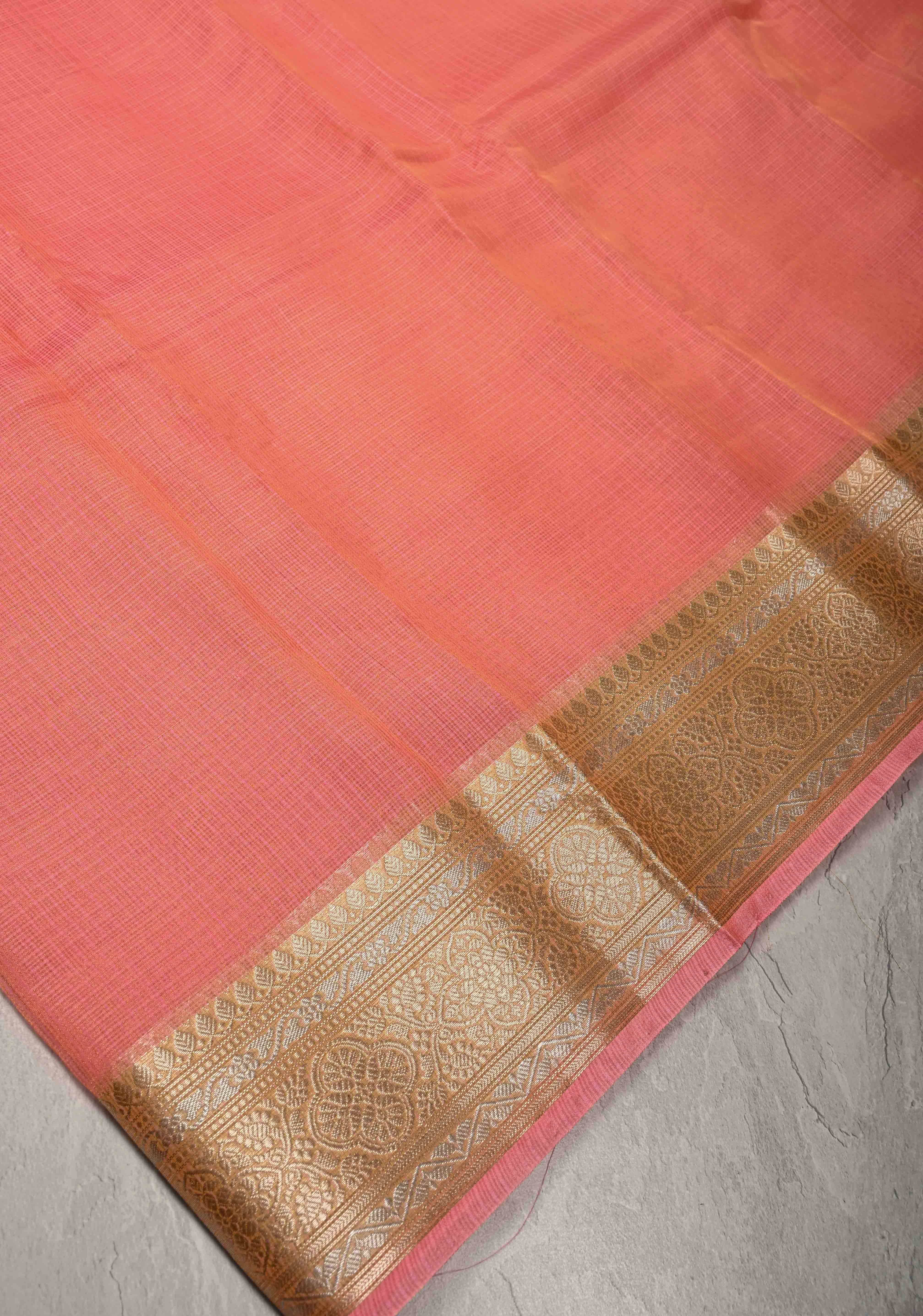 Salmon Pink Kota Doria Tissue Cotton Saree with Sona Rupa Zari Border | Shobitam