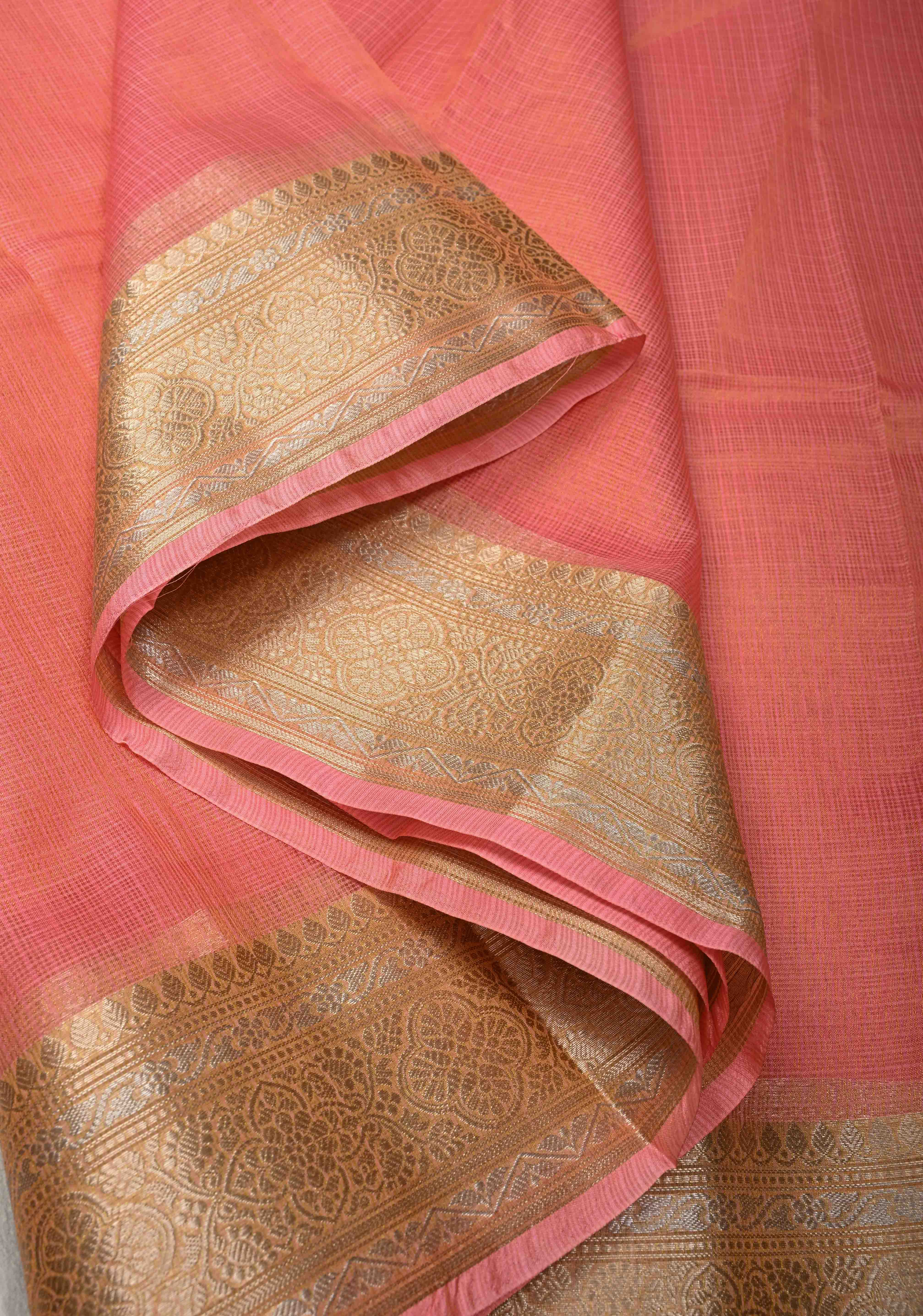 Salmon Pink Kota Doria Tissue Cotton Saree with Sona Rupa Zari Border | Shobitam