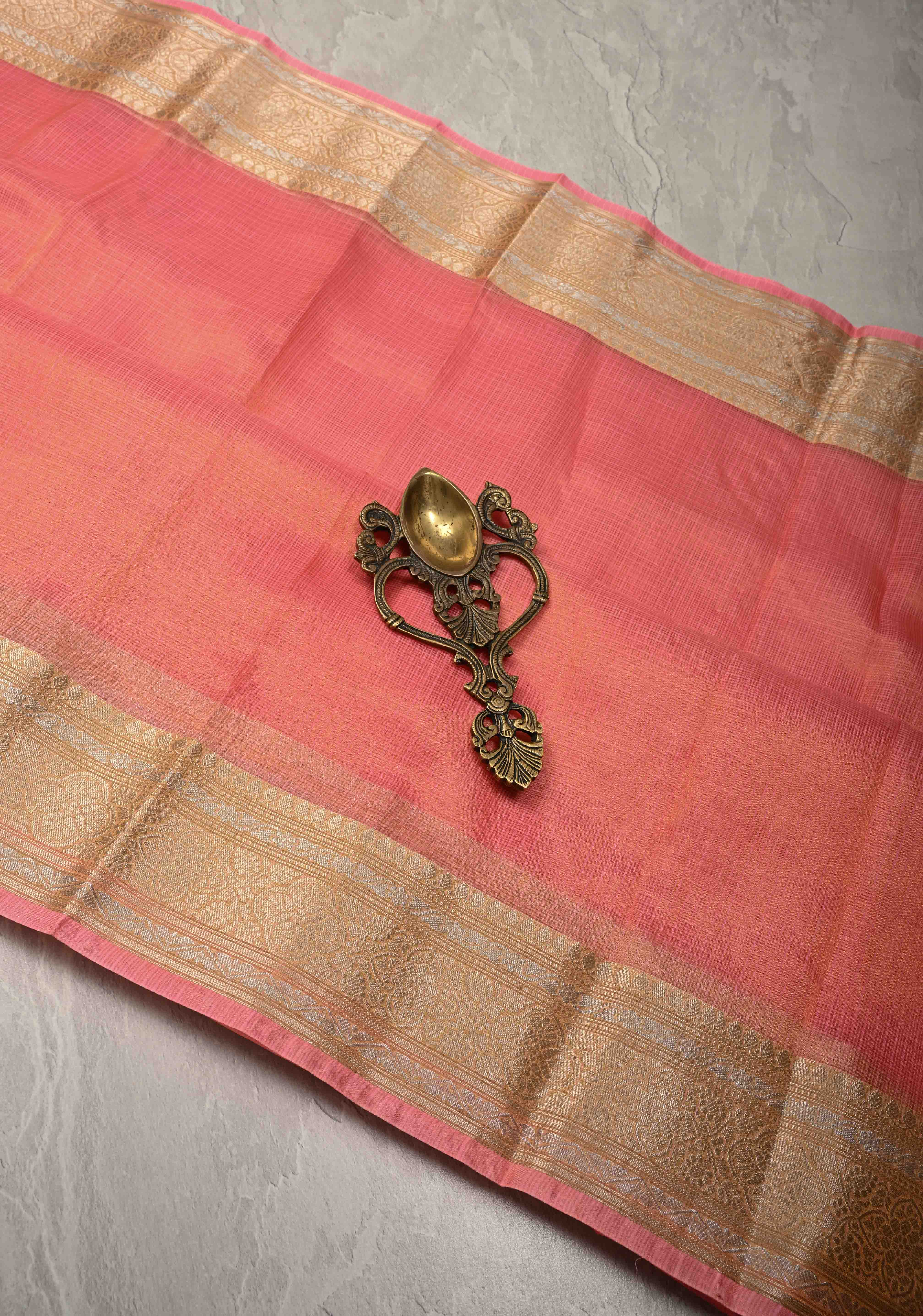 Salmon Pink Kota Doria Tissue Cotton Saree with Sona Rupa Zari Border | Shobitam