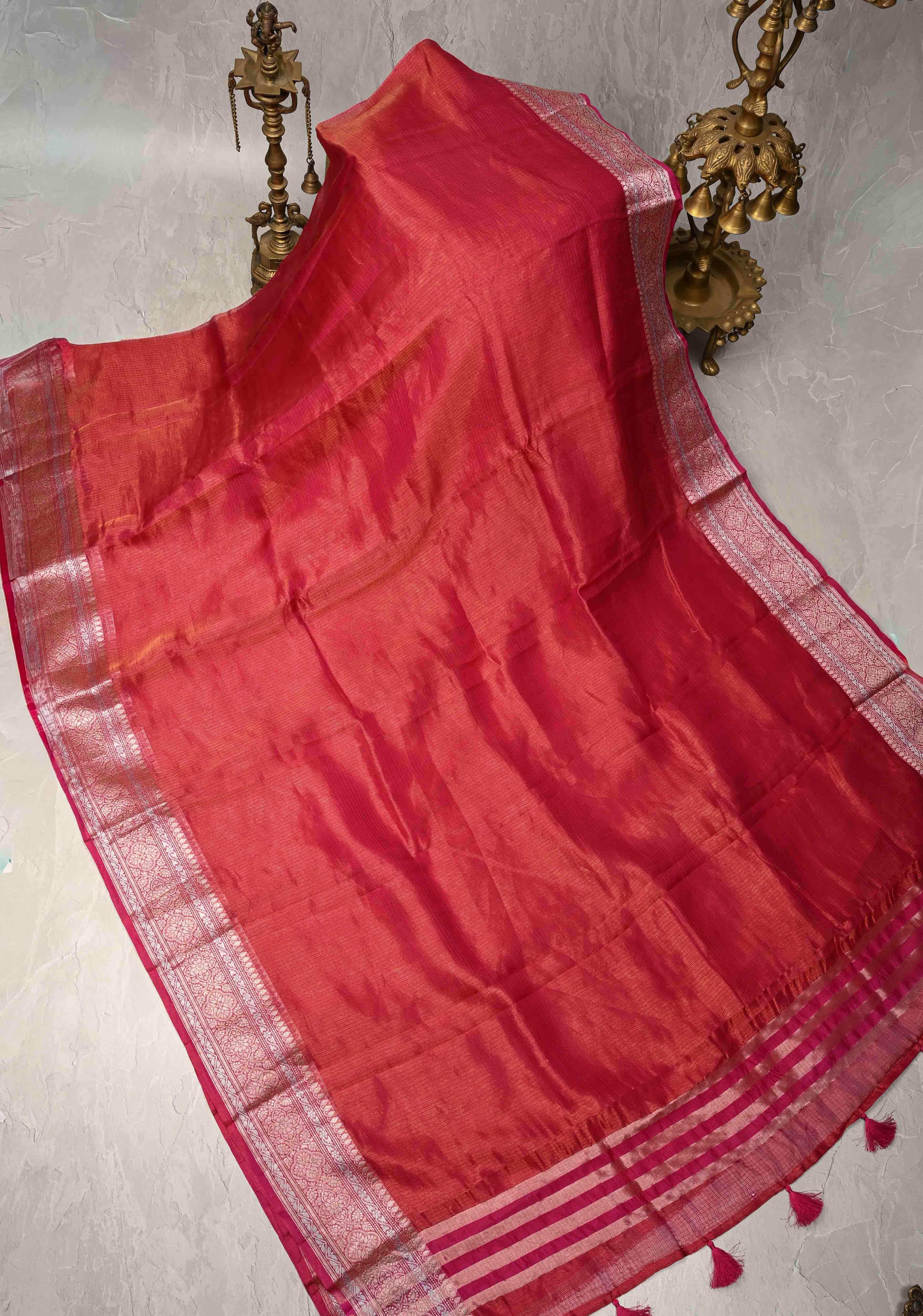 Bright Pink Kota Doria Tissue Cotton Saree with Sona Rupa Zari Border | Shobitam