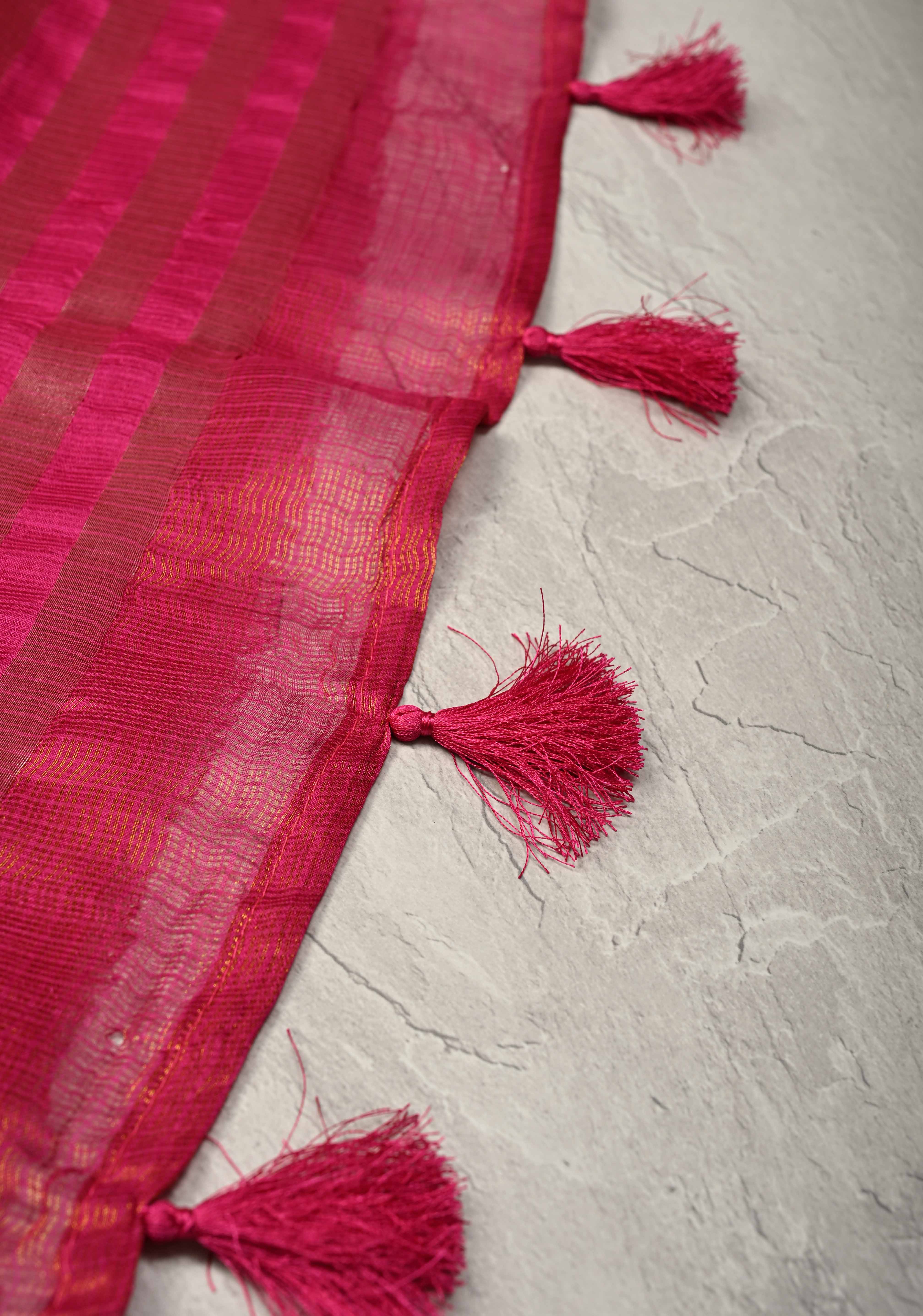 Bright Pink Kota Doria Tissue Cotton Saree with Sona Rupa Zari Border | Shobitam