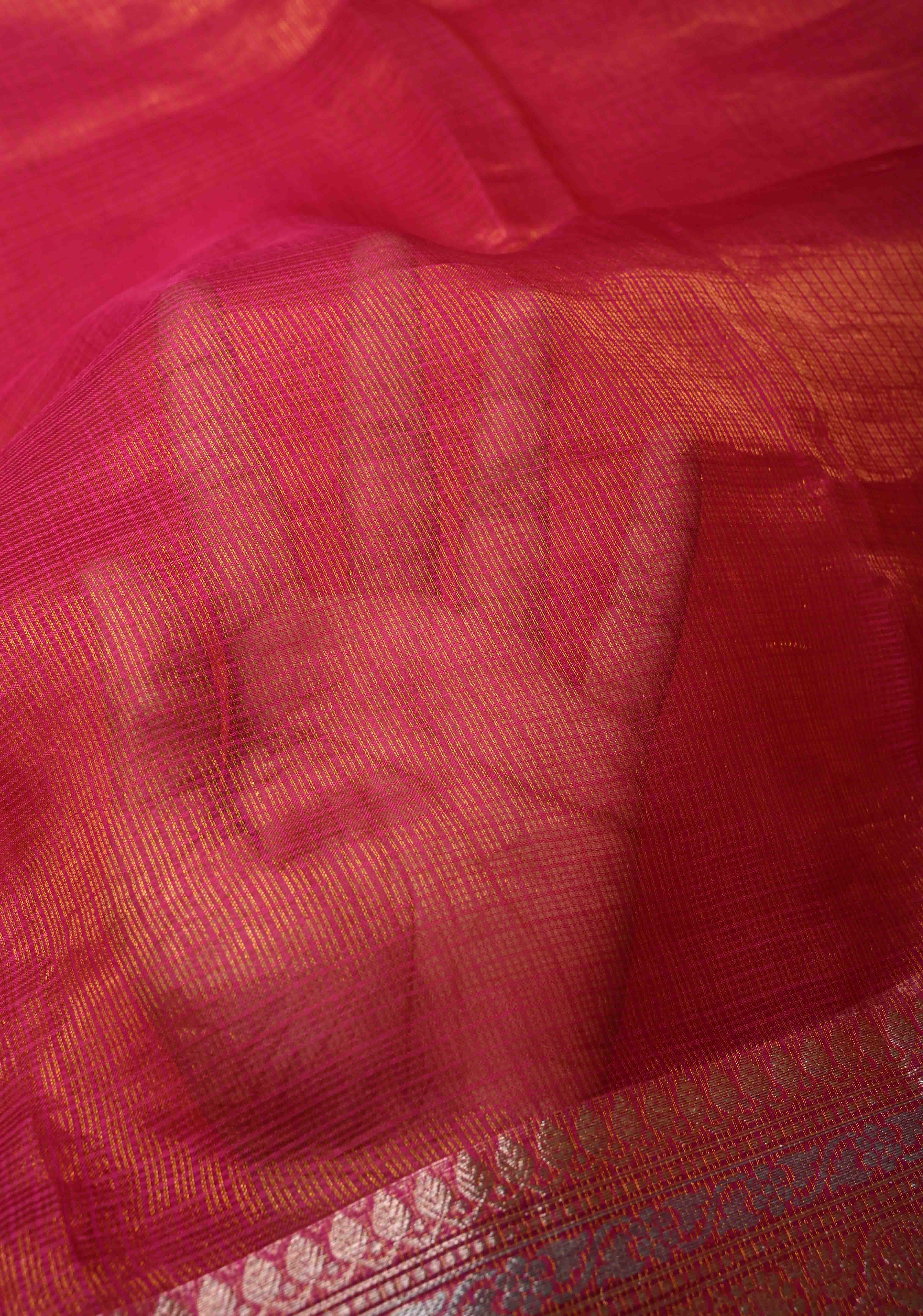 Bright Pink Kota Doria Tissue Cotton Saree with Sona Rupa Zari Border | Shobitam