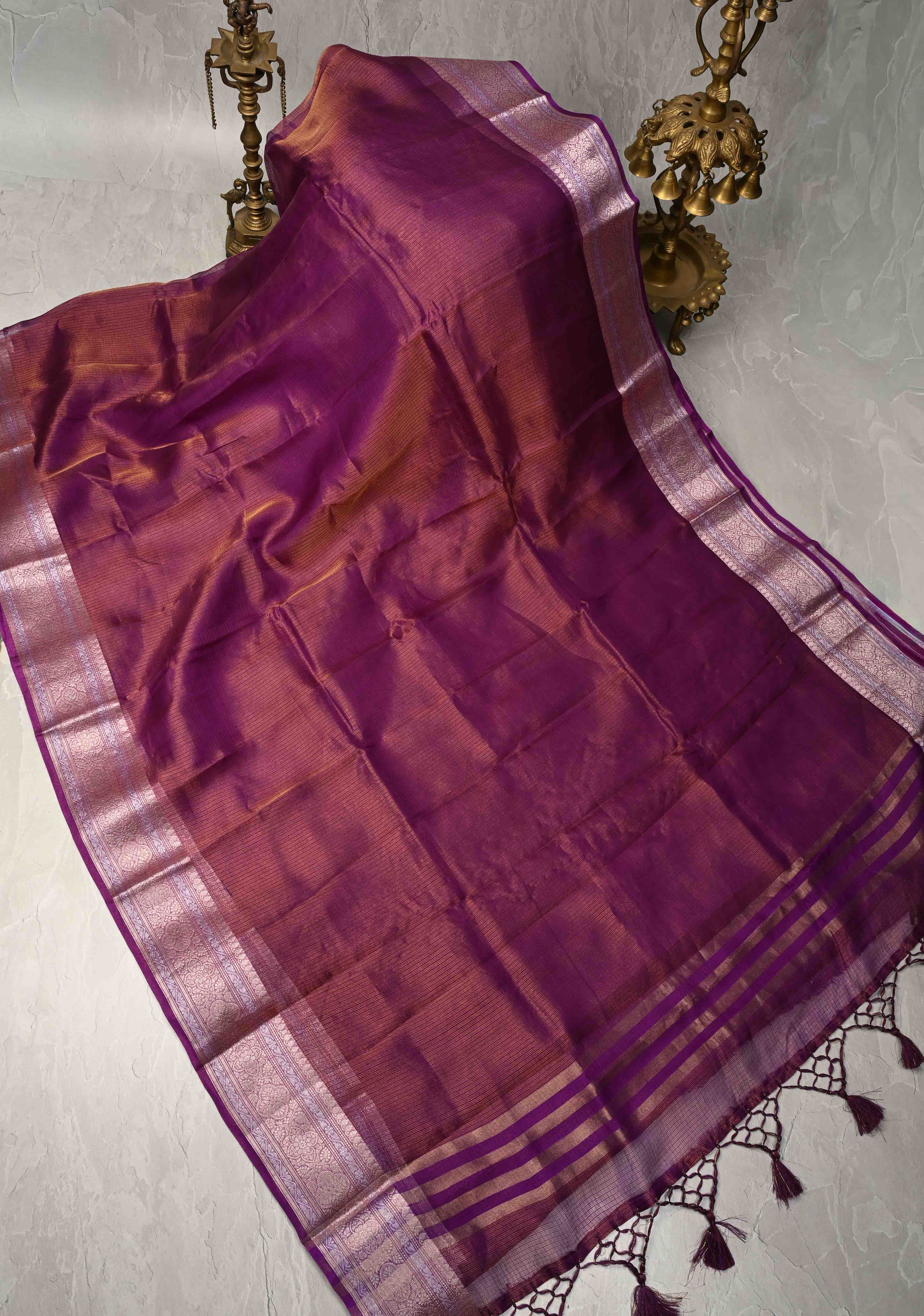 Purple Kota Doria Tissue Cotton Saree with Sona Rupa Zari Border | Shobitam