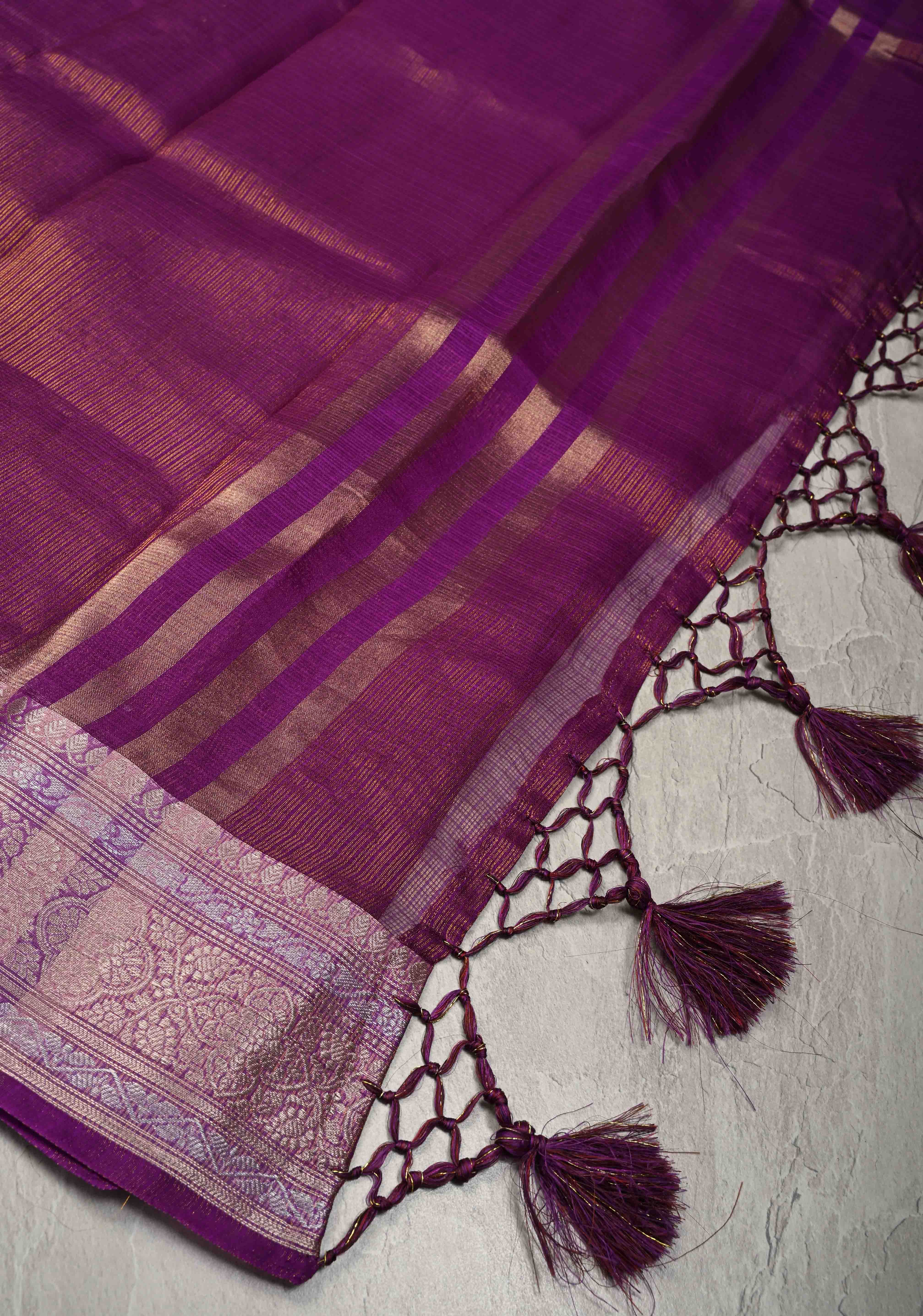 Purple Kota Doria Tissue Cotton Saree with Sona Rupa Zari Border | Shobitam