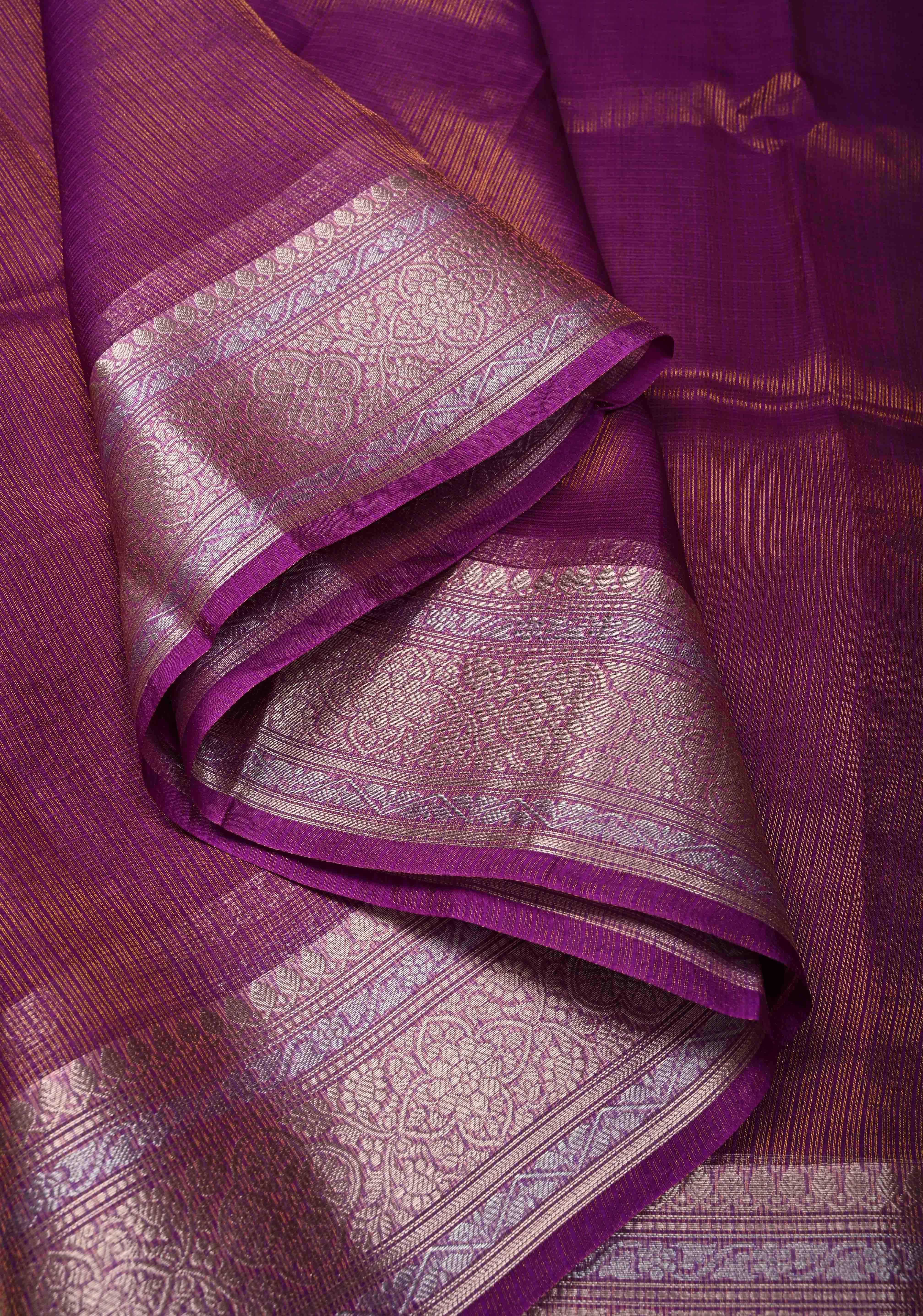 Purple Kota Doria Tissue Cotton Saree with Sona Rupa Zari Border | Shobitam