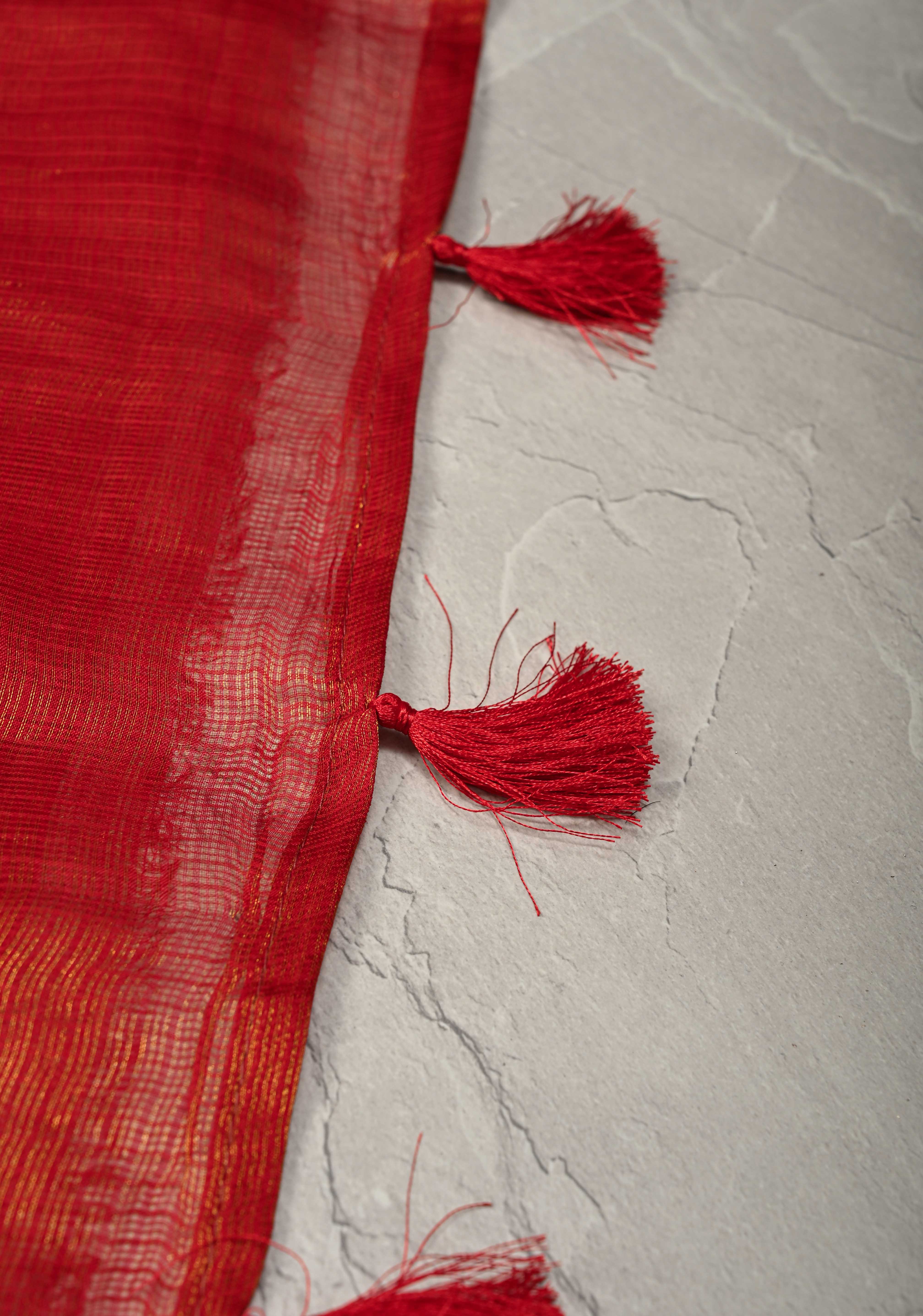 Red Kota Doria Tissue Cotton Saree with Sona Rupa Zari Border | Shobitam