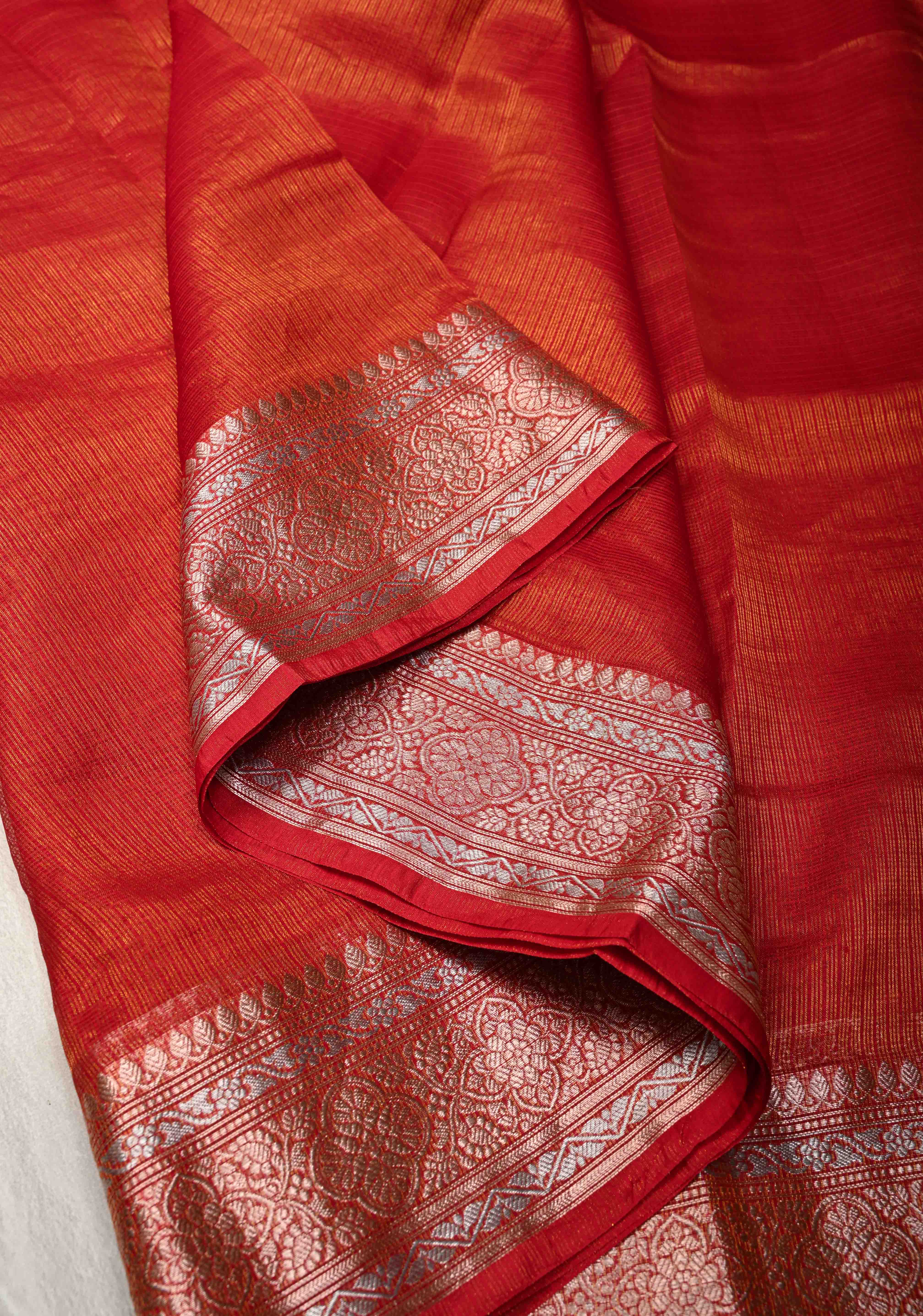 Red Kota Doria Tissue Cotton Saree with Sona Rupa Zari Border | Shobitam