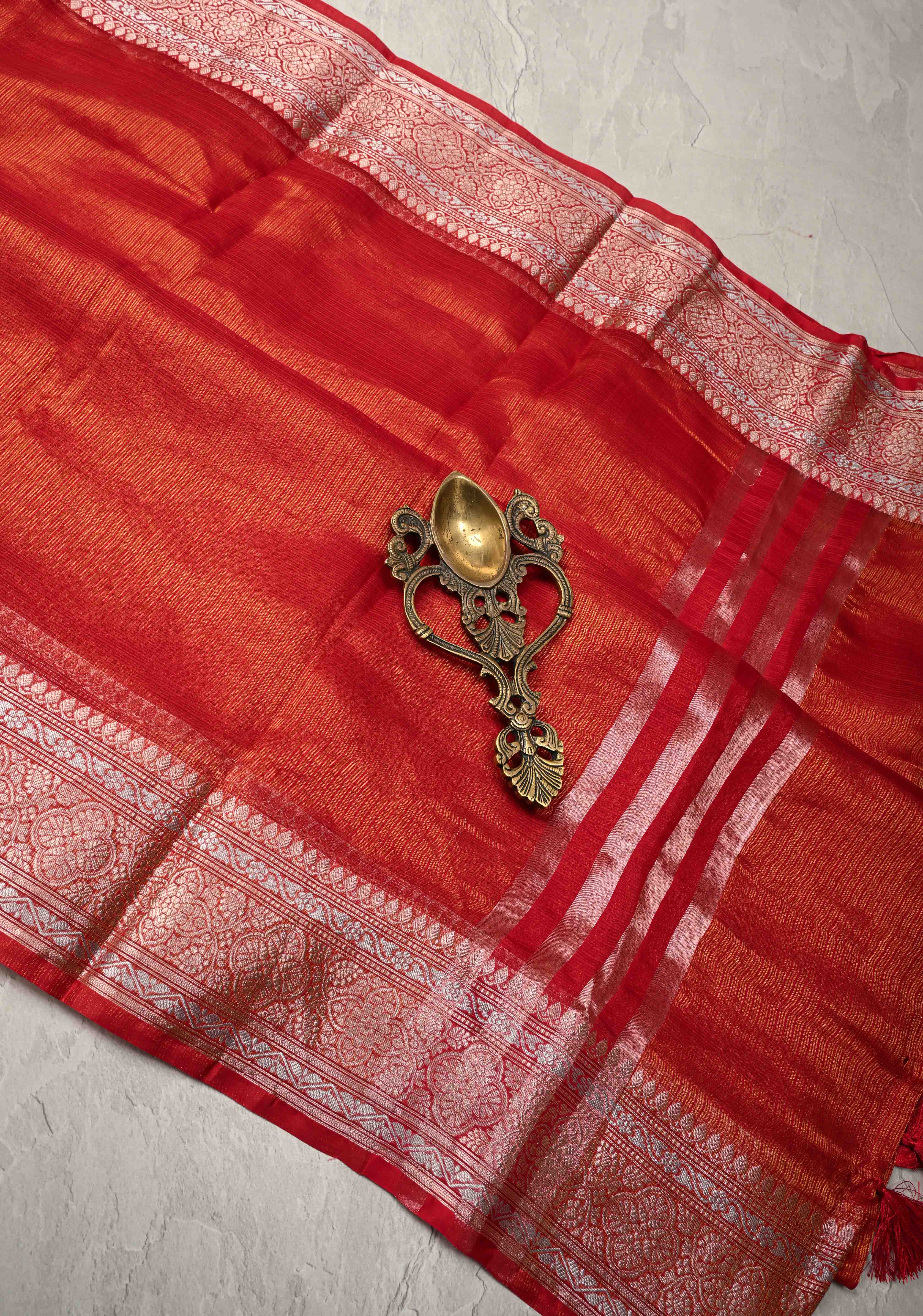 Red Kota Doria Tissue Cotton Saree with Sona Rupa Zari Border | Shobitam