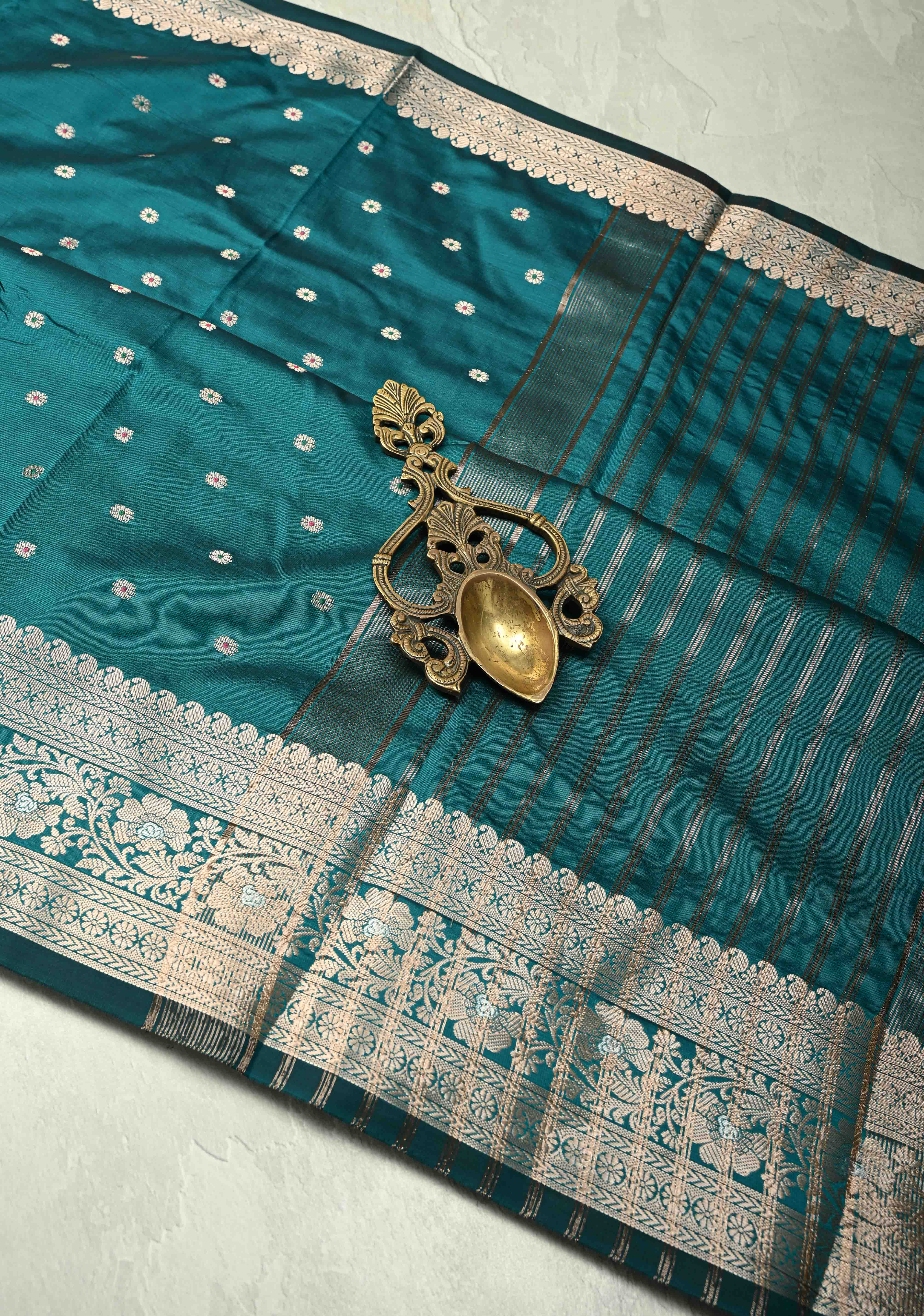 Teal Blue Semi Silk Saree with Meenakari Chunri Buttis and Alfi Zari Border