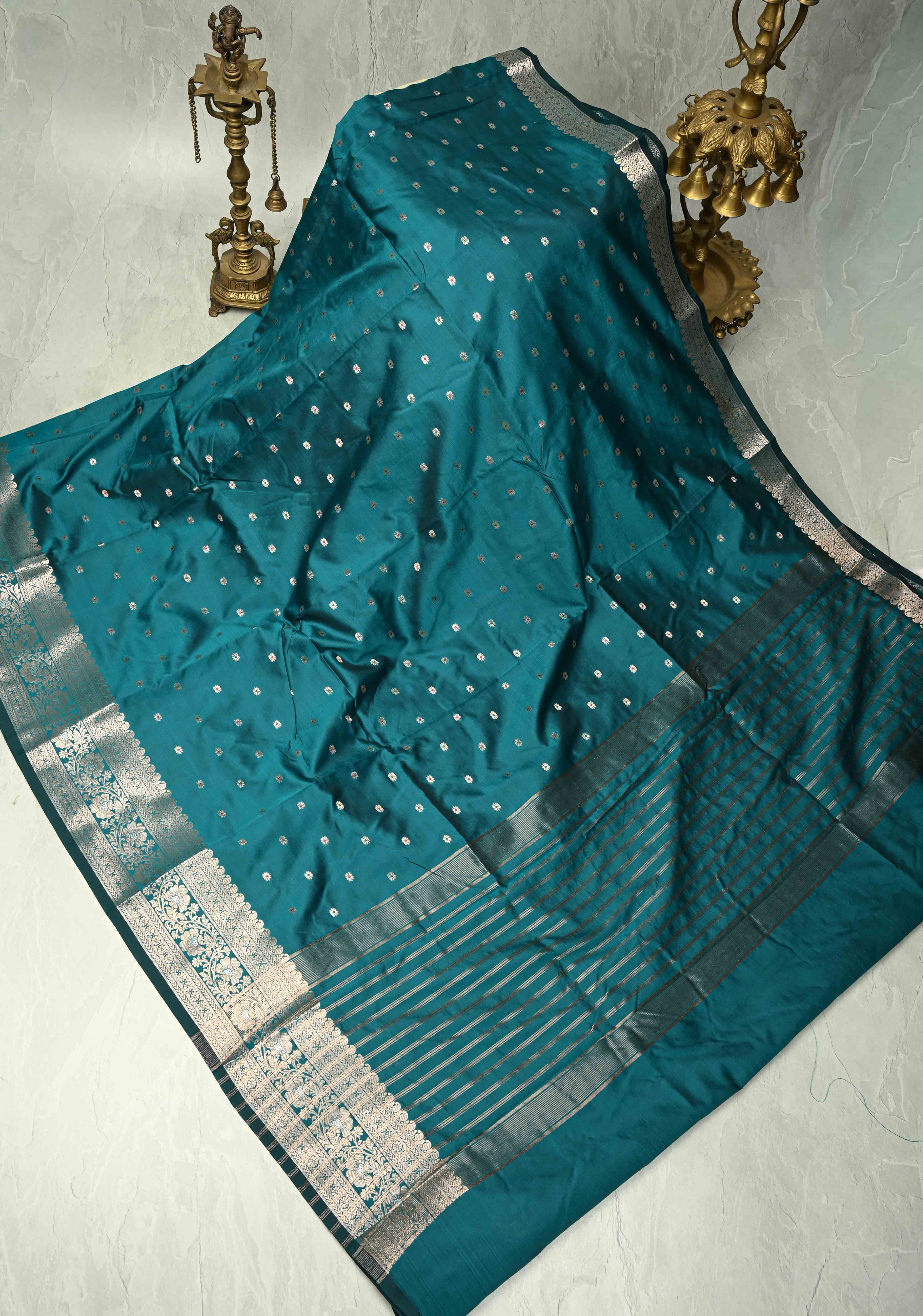 Teal Blue Semi Silk Saree with Meenakari Chunri Buttis and Alfi Zari Border