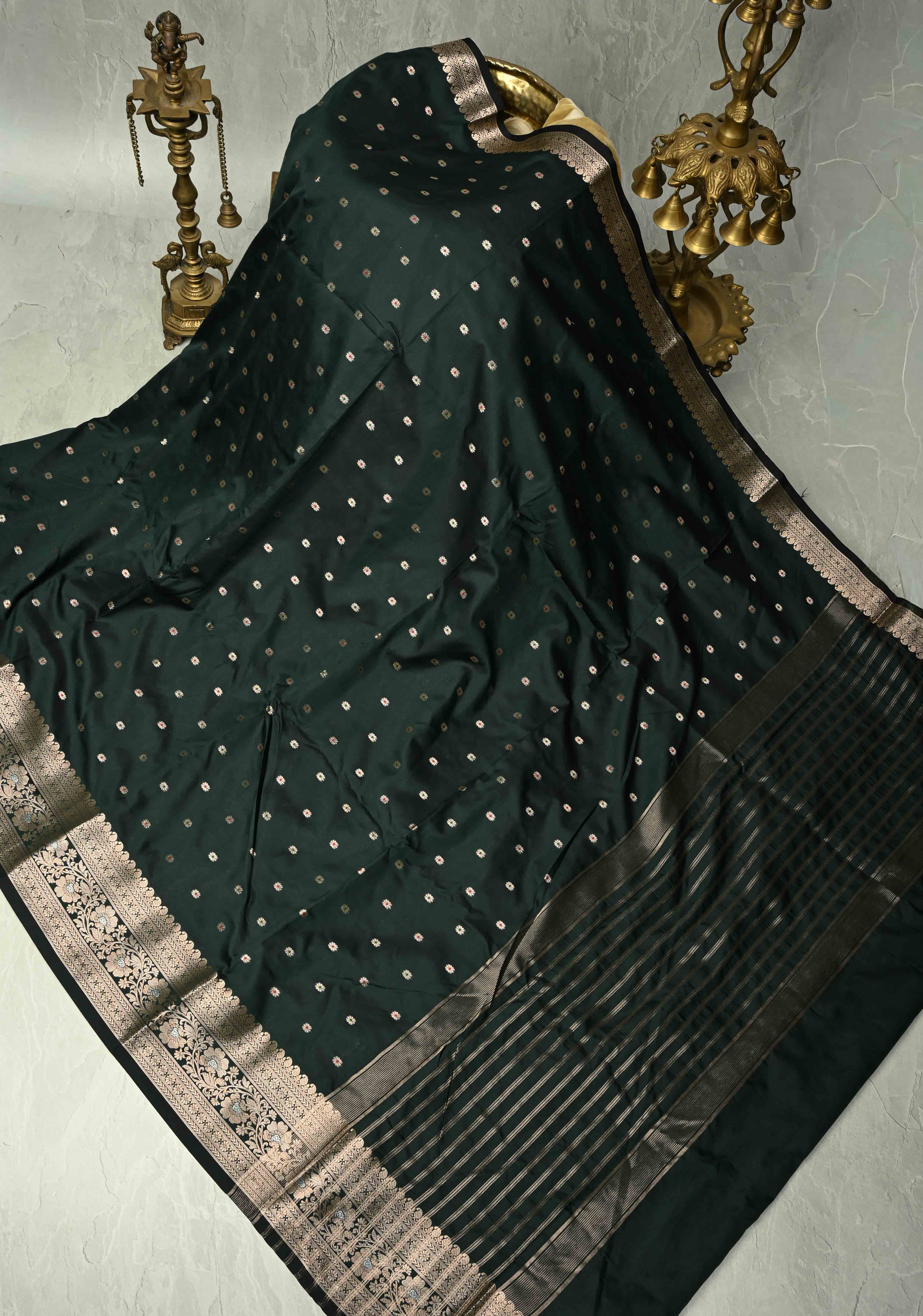 Deep Green Semi Silk Saree with Meenakari Chunri Buttis and Alfi Zari Border