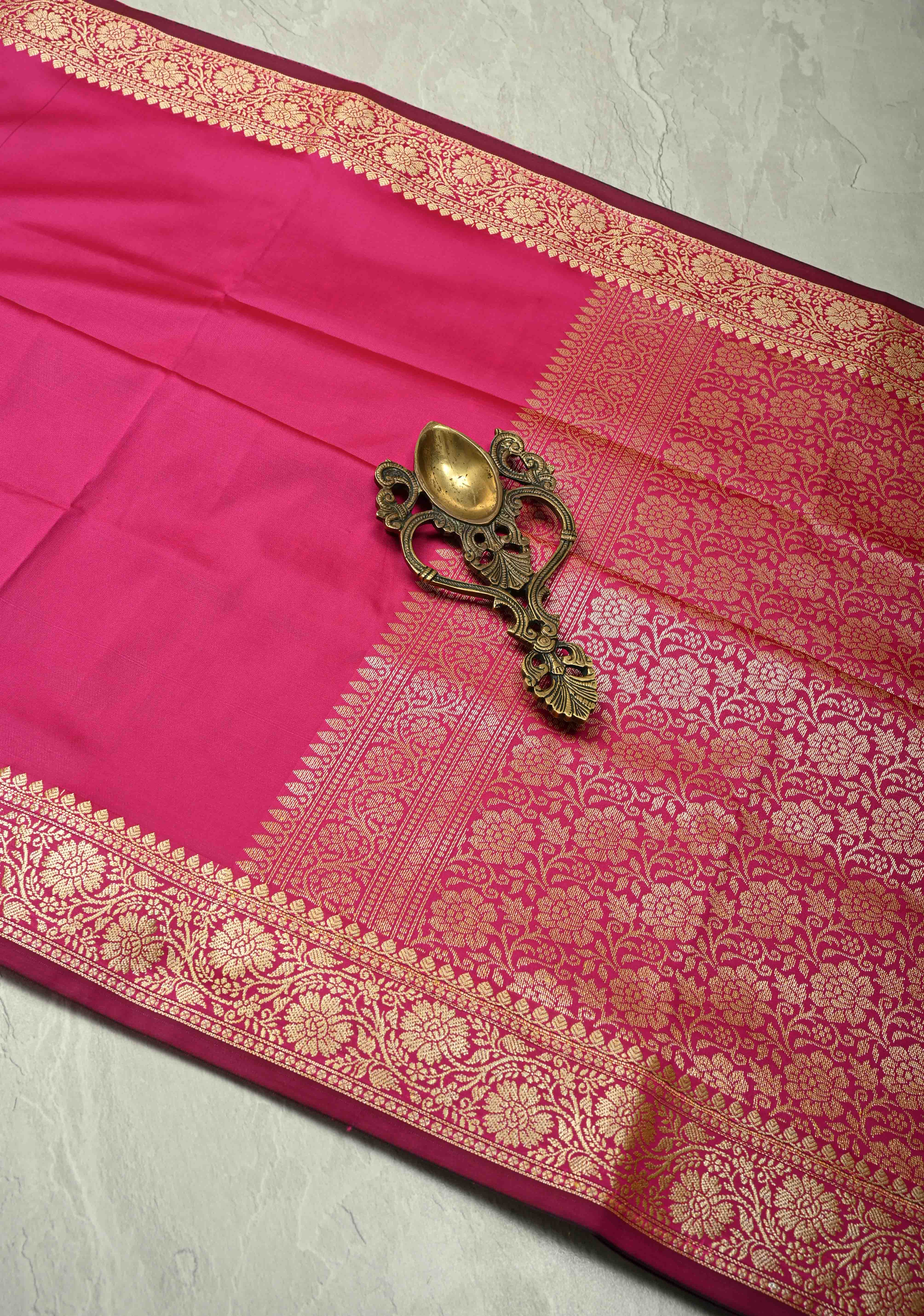Deep Pink Semi Silk Saree with Floral Zari Border and Brocade Blouse Piece | Shobitam