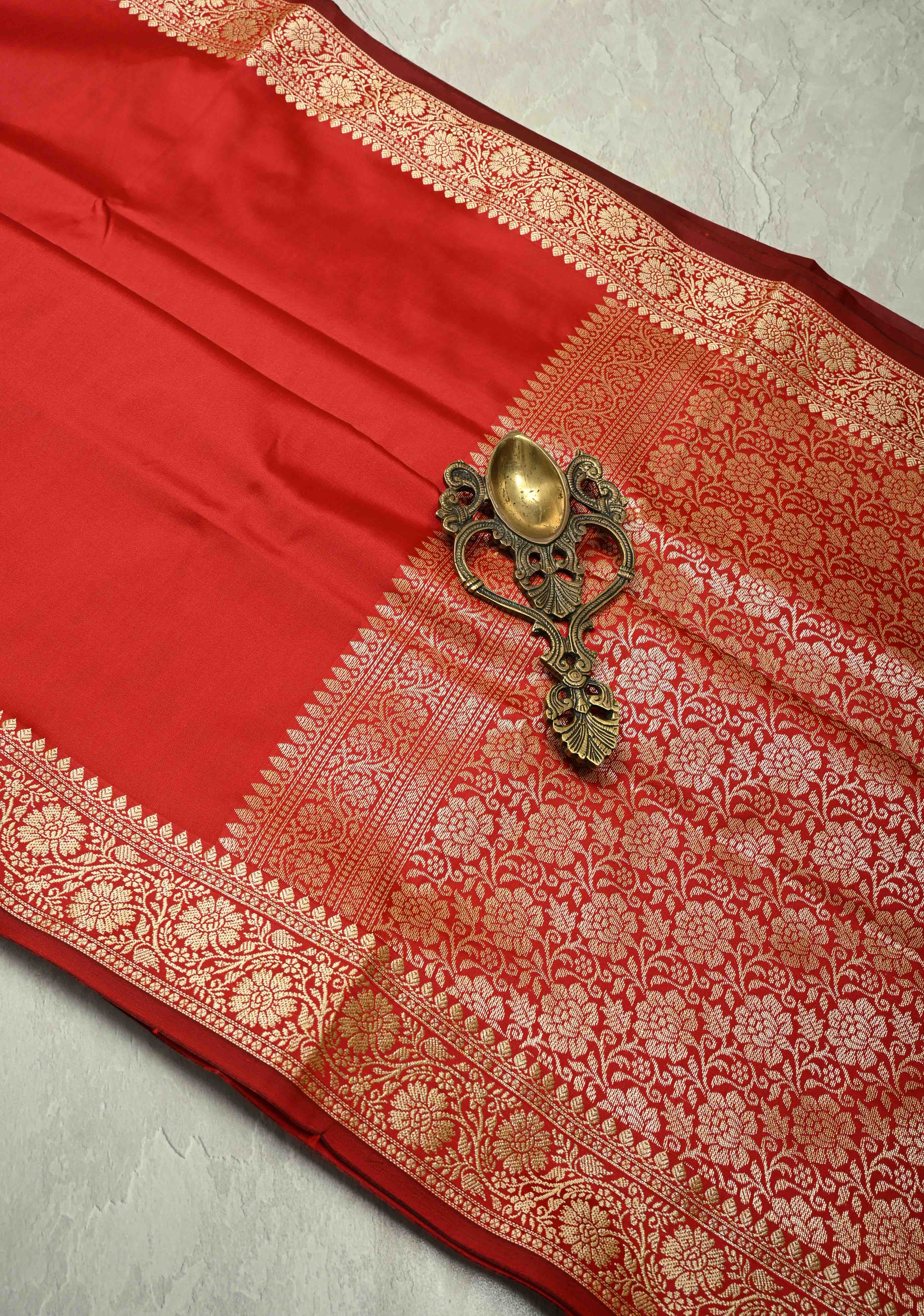 Crimson Red Semi Silk Saree with Zari Border | Shobitam