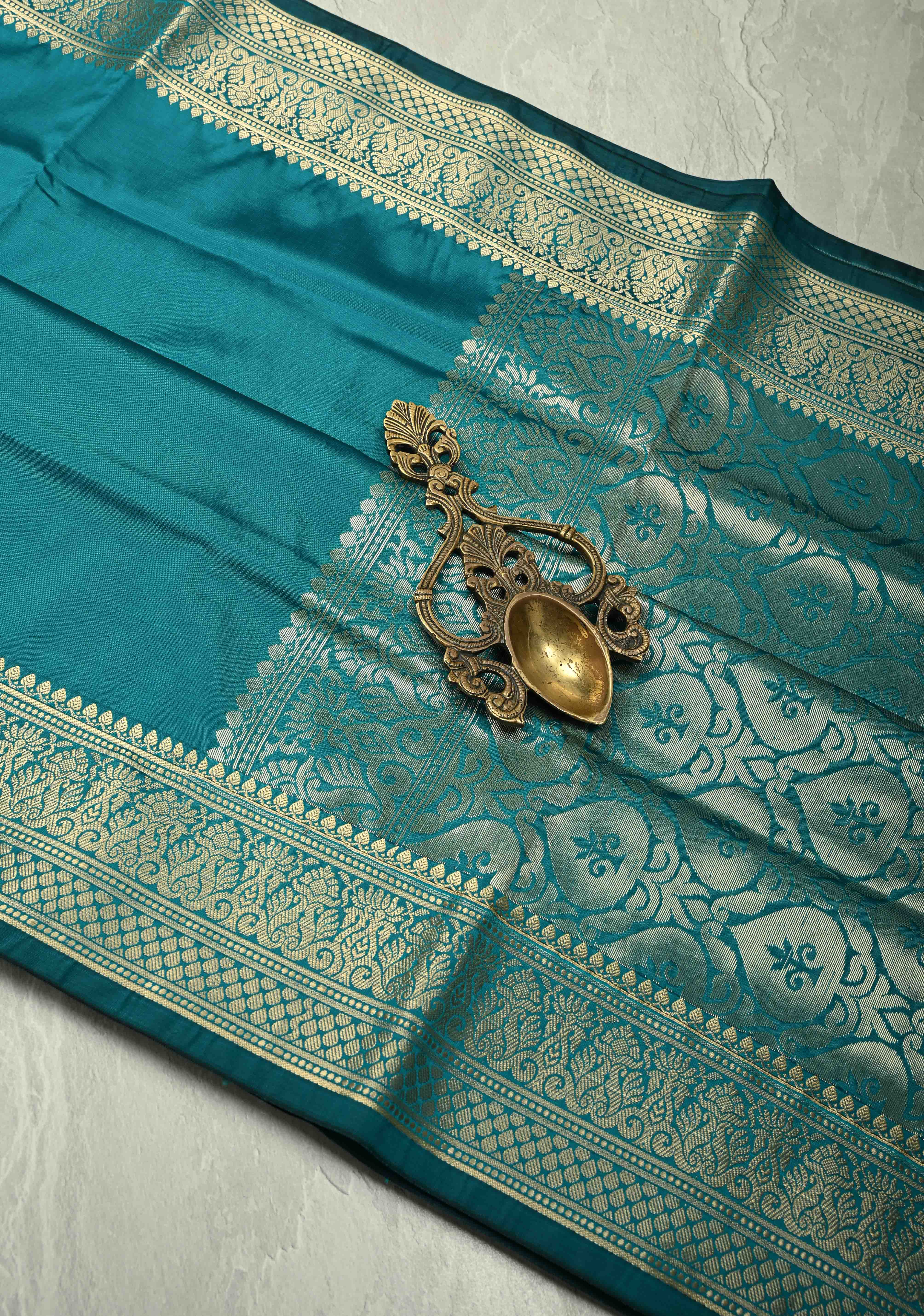 Persian Green Semi Silk Saree with Floral Zari Border, Brocade Blouse Piece | Shobitam