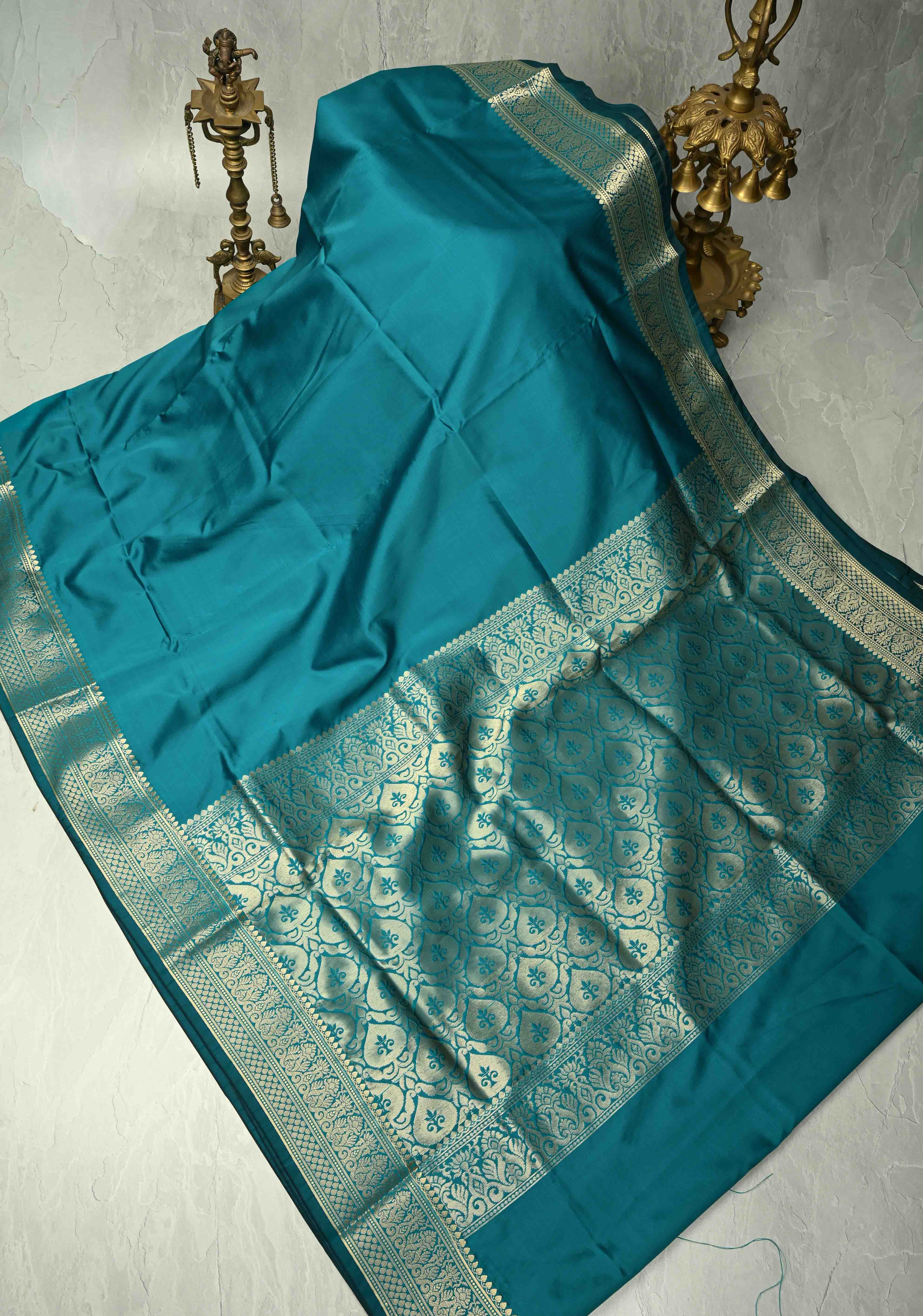 Persian Green Semi Silk Saree with Floral Zari Border, Brocade Blouse Piece | Shobitam