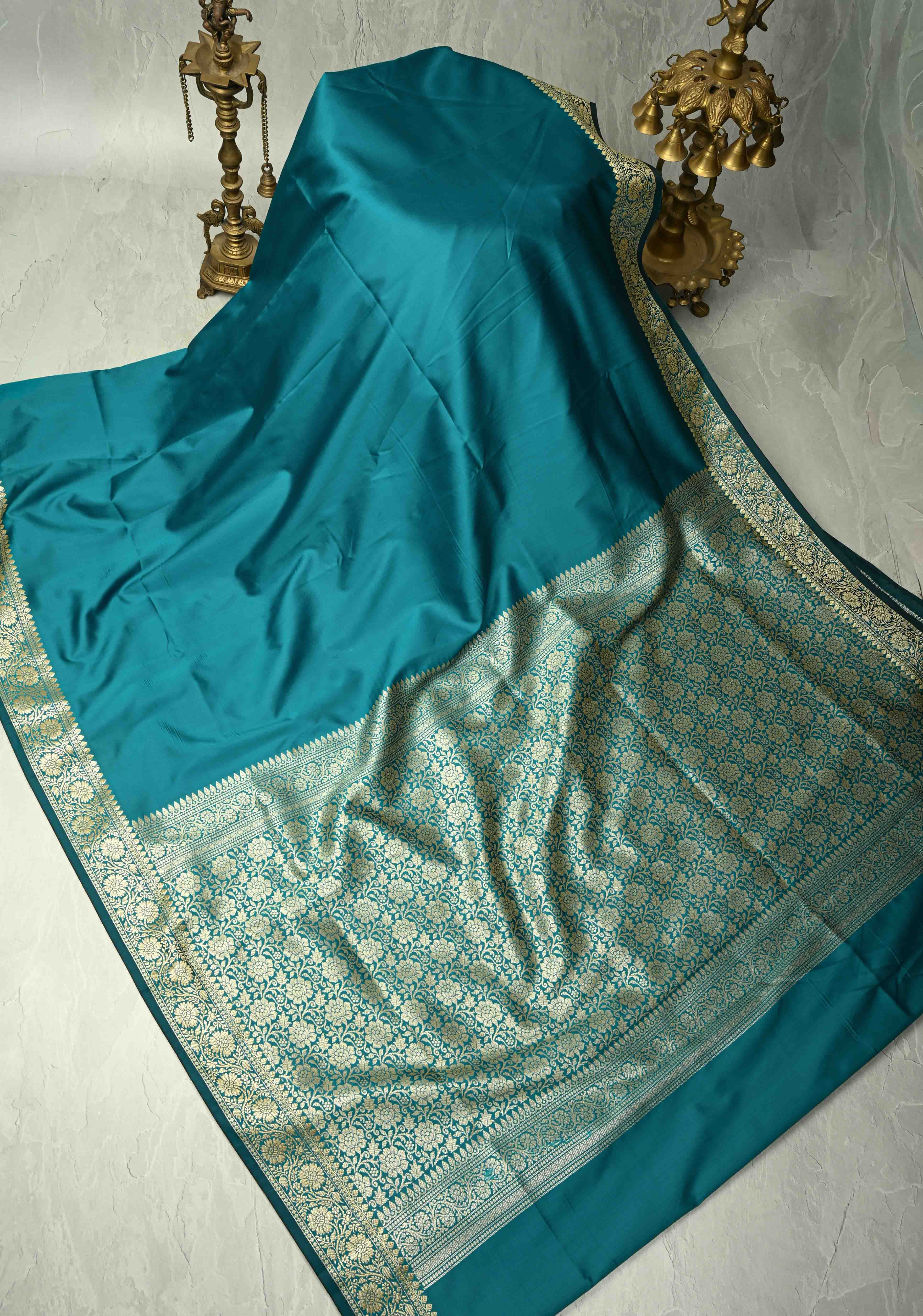 Persian Green Semi Silk Saree with Floral Zari Border and Brocade Blouse Piece Regular price