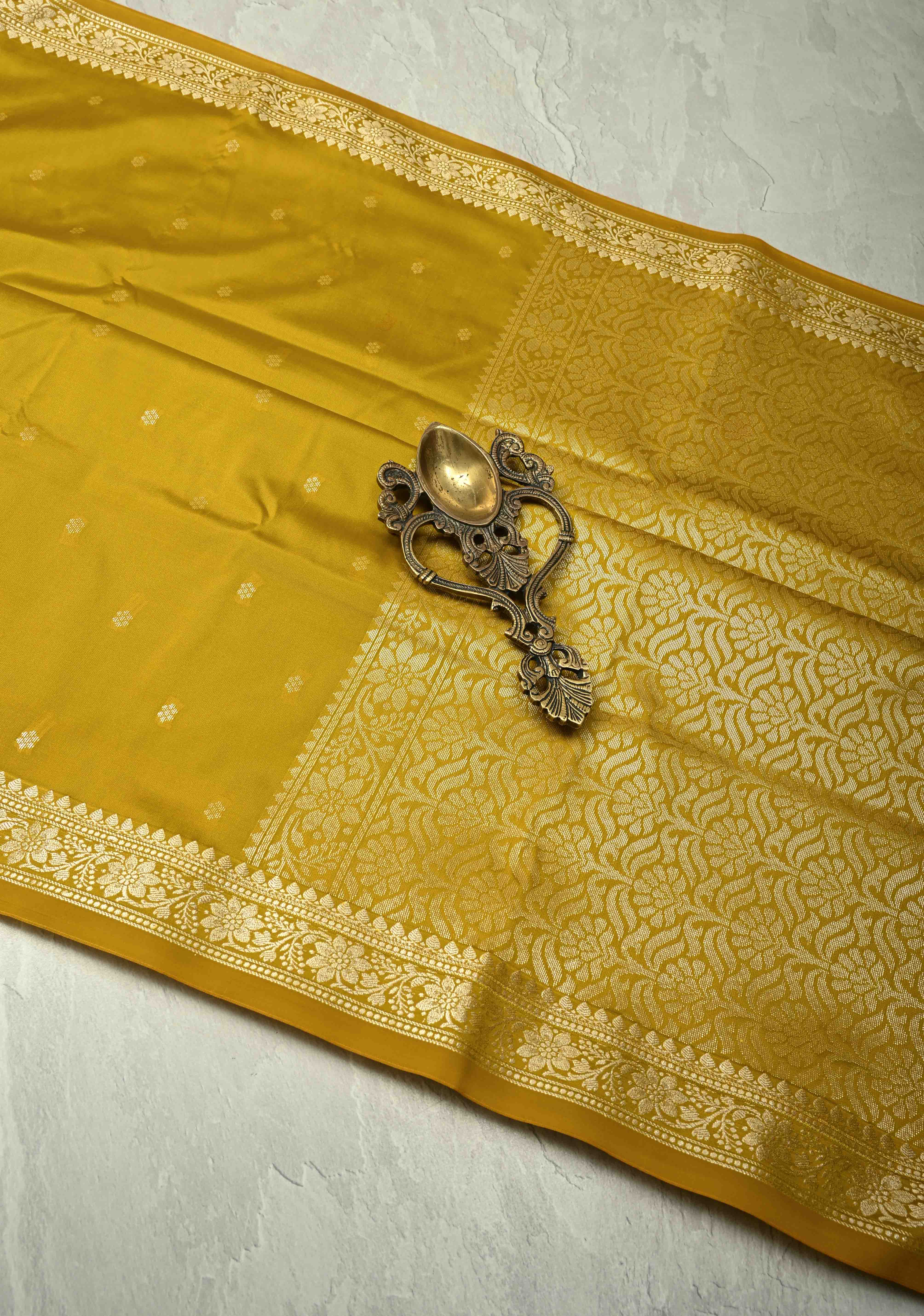 Frost Mustard Yellow Semi Silk Saree with Chunri Buttis and Minimal Zari Border | Shobitam
