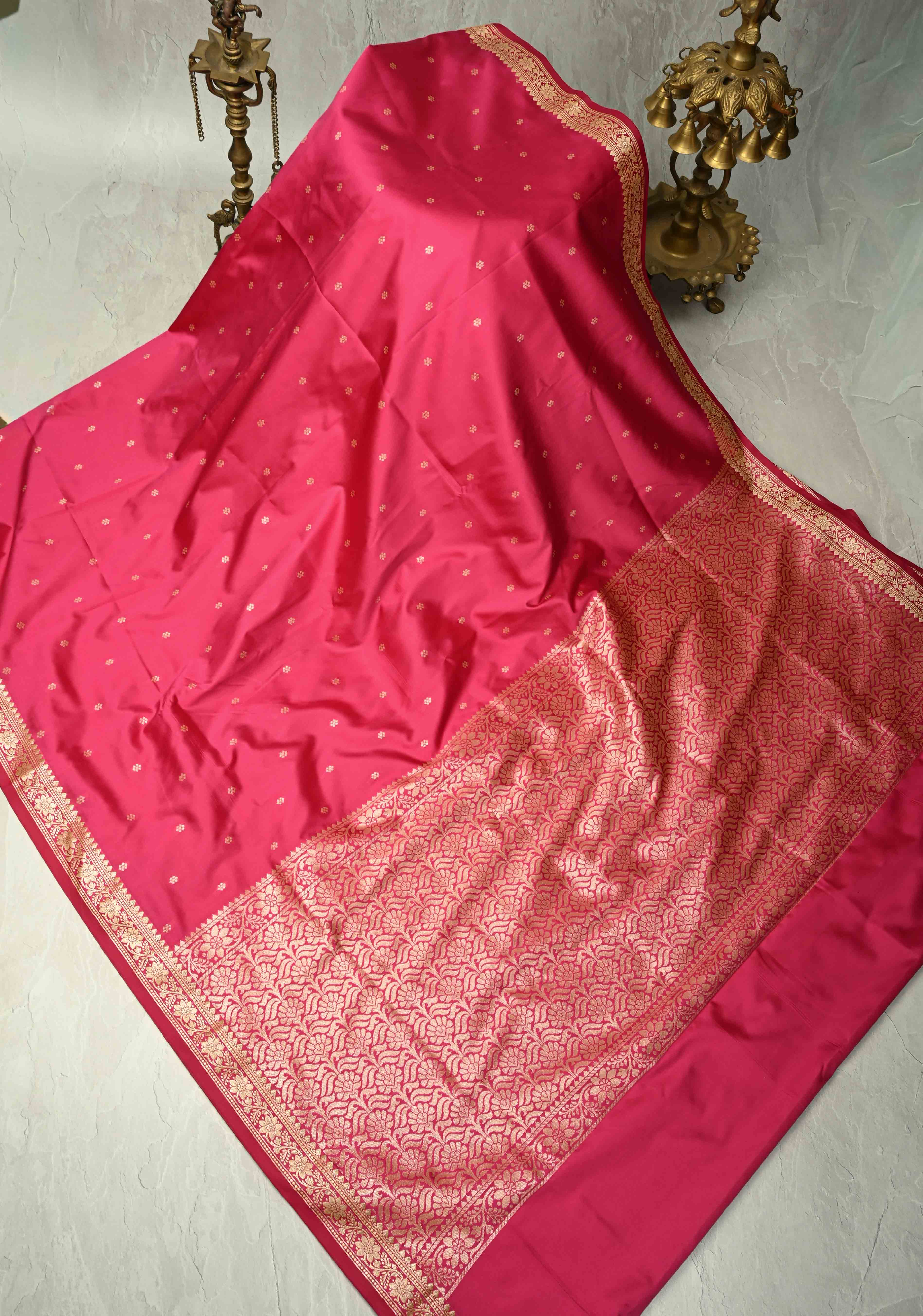 Deep Pink Semi Silk Saree with Chunri Buttis and Minimal Zari Border