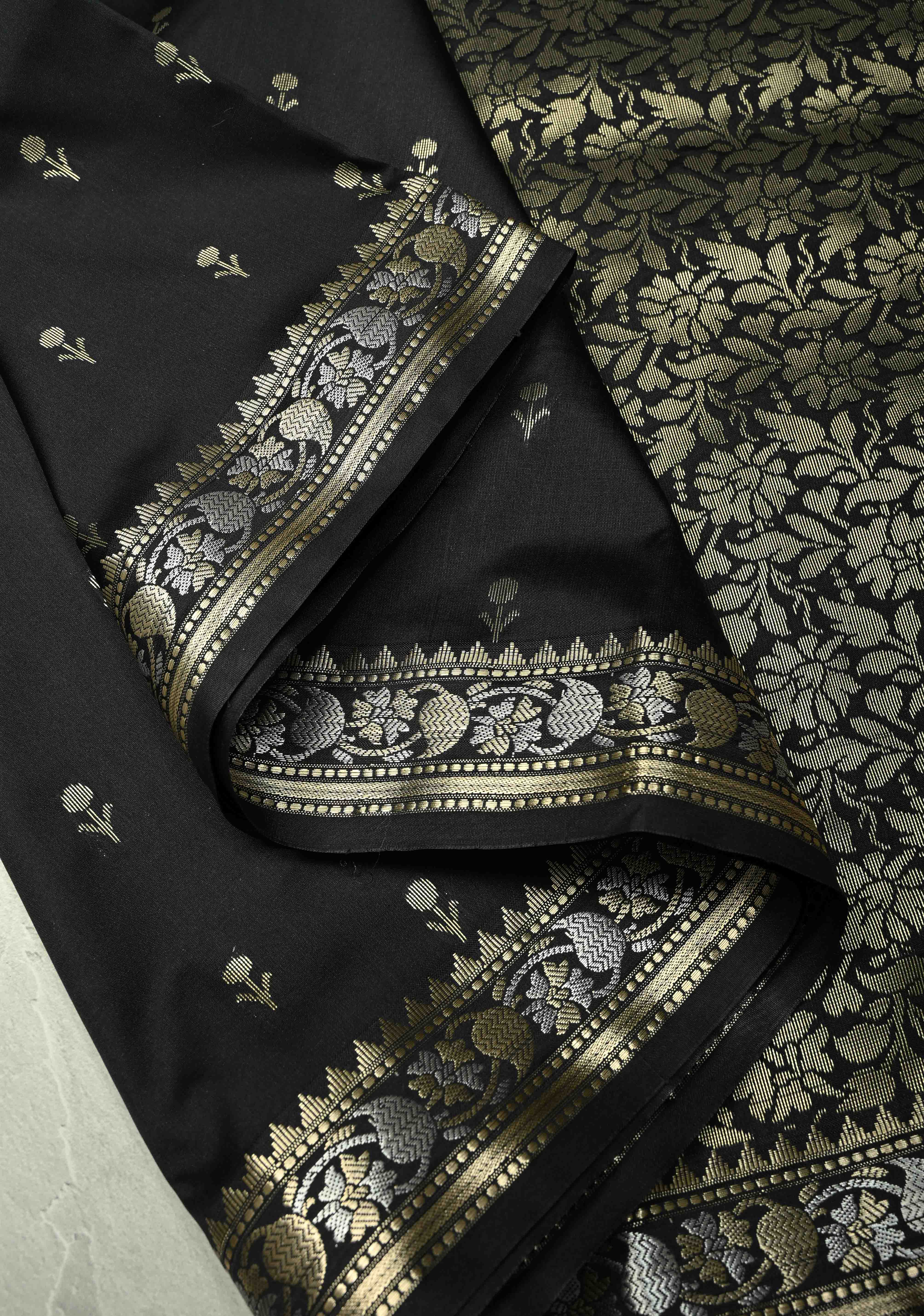 Black Semi Silk Saree with Floral Buttis and Alfi Zari Border | Shobitam