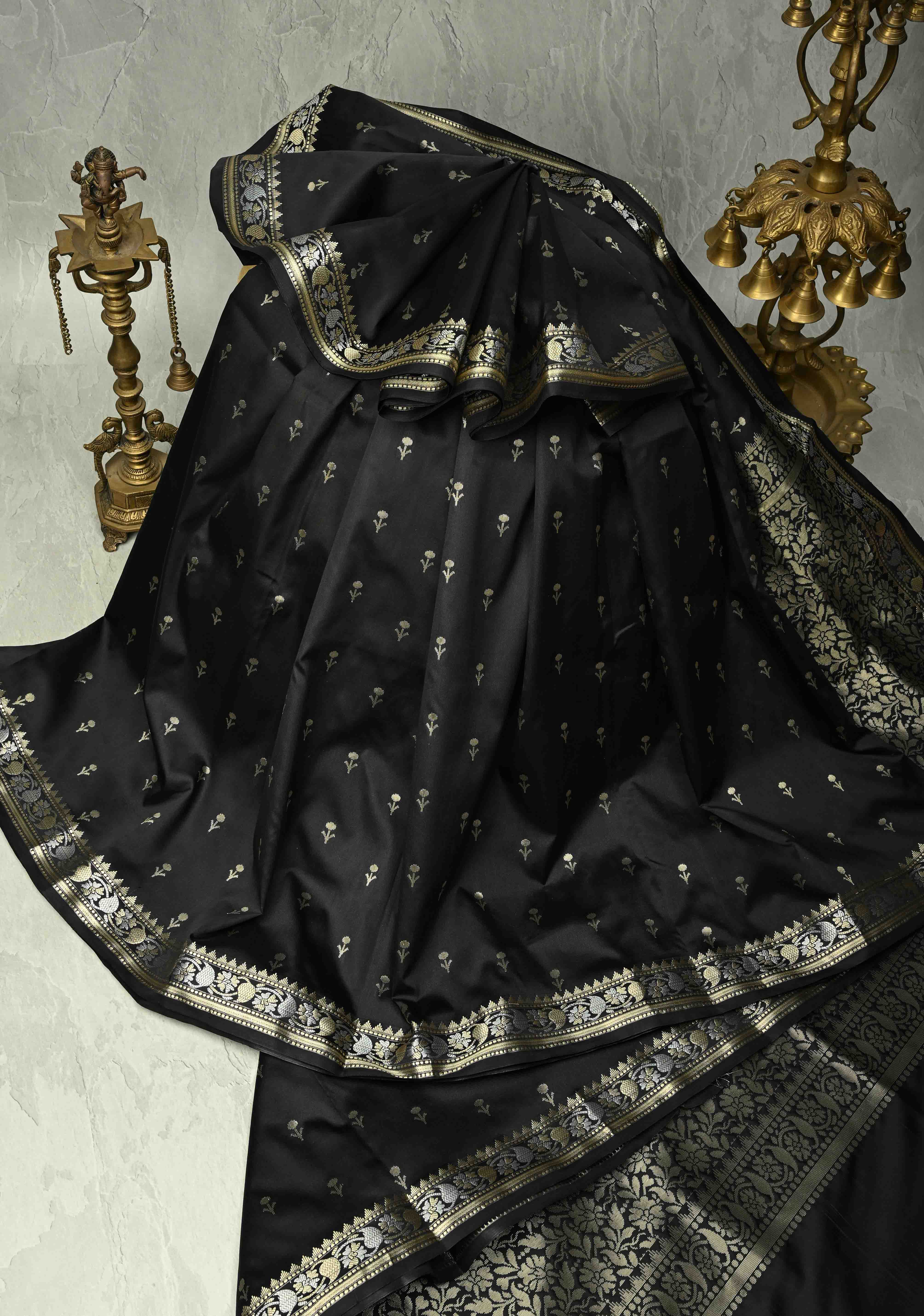 Black Semi Silk Saree with Floral Buttis and Alfi Zari Border