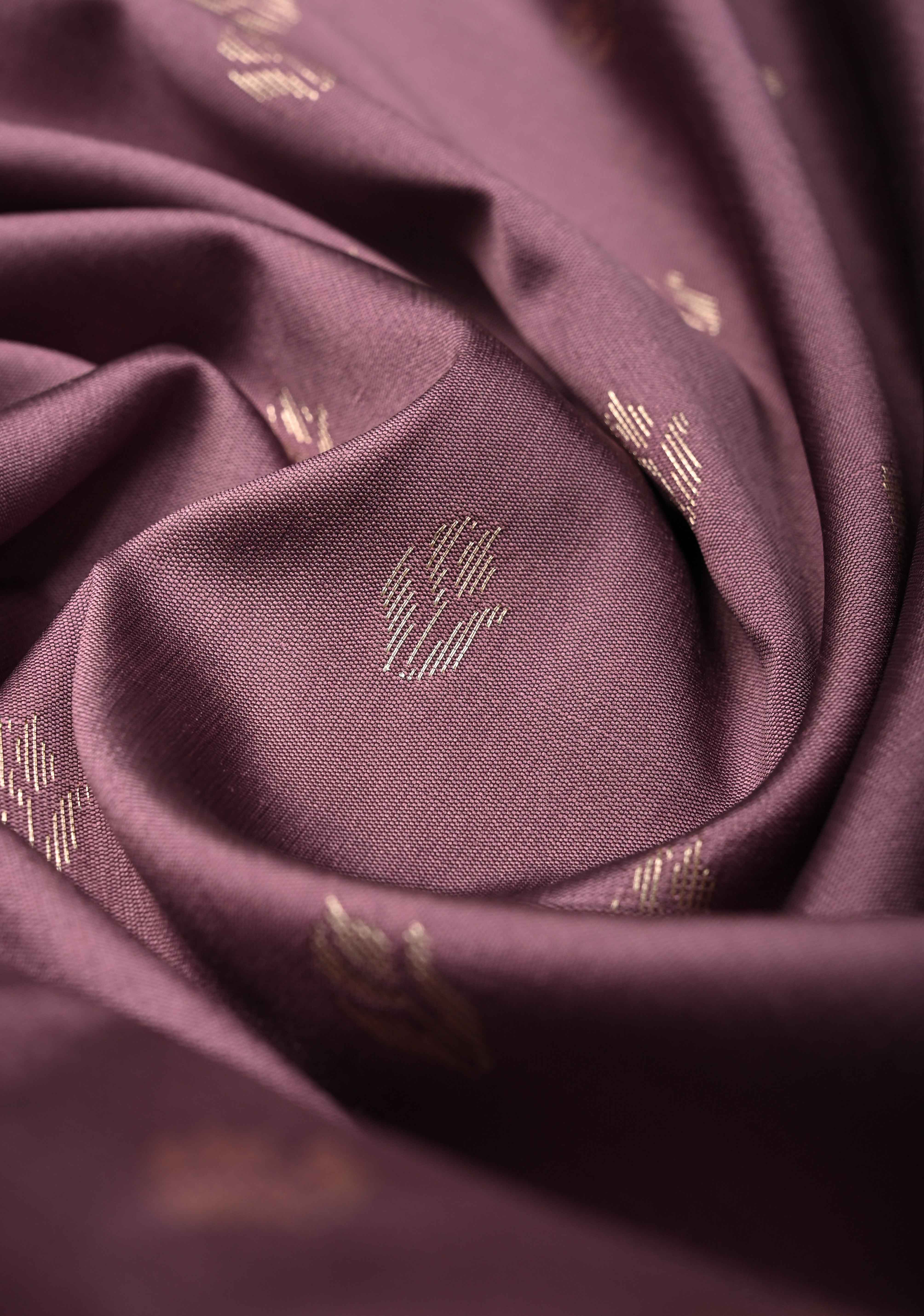 Dark Mauve Semi Silk Saree with Floral Buttas and Alfi Zari Border | Shobitam