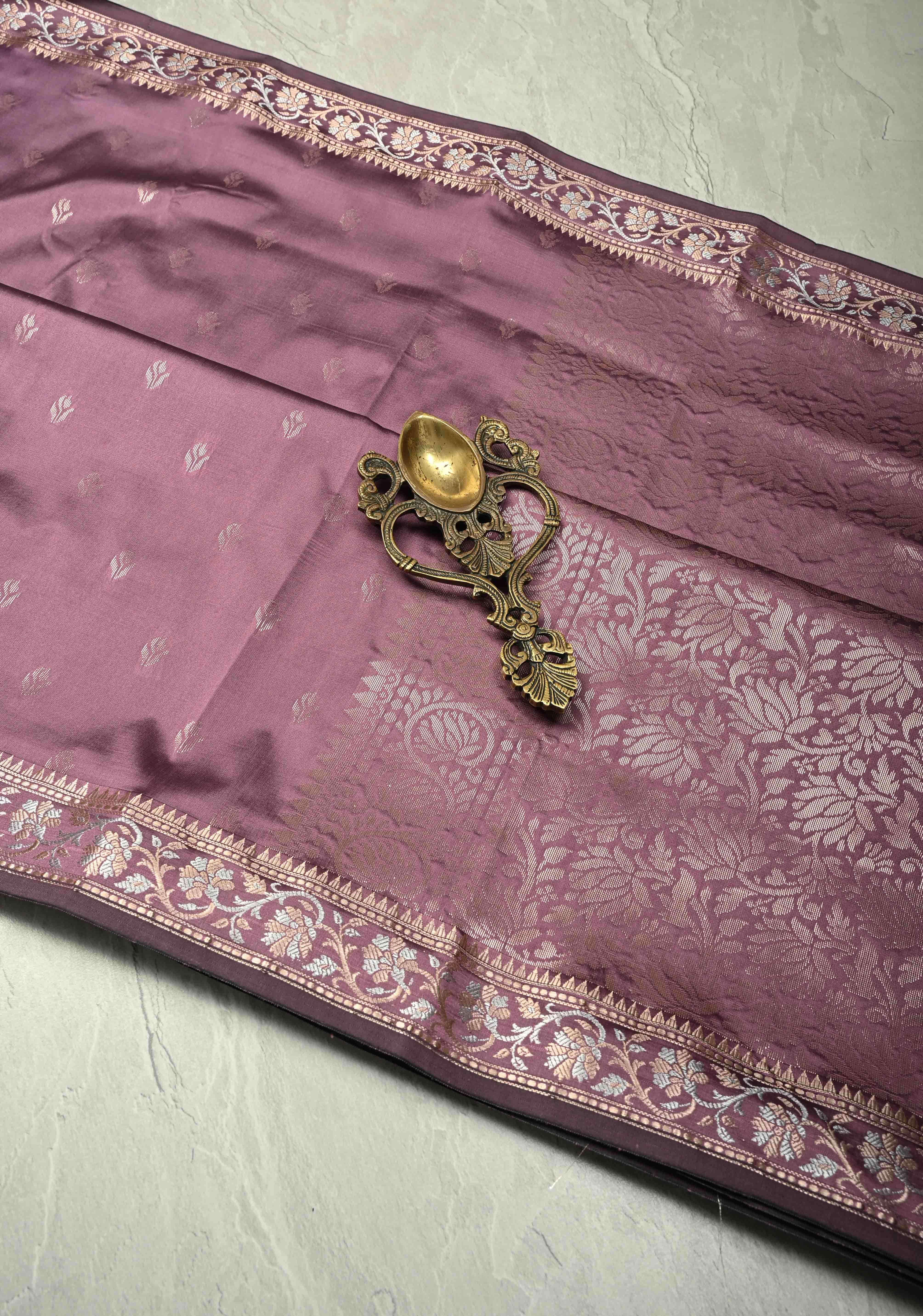Dark Mauve Semi Silk Saree with Floral Buttas and Alfi Zari Border | Shobitam